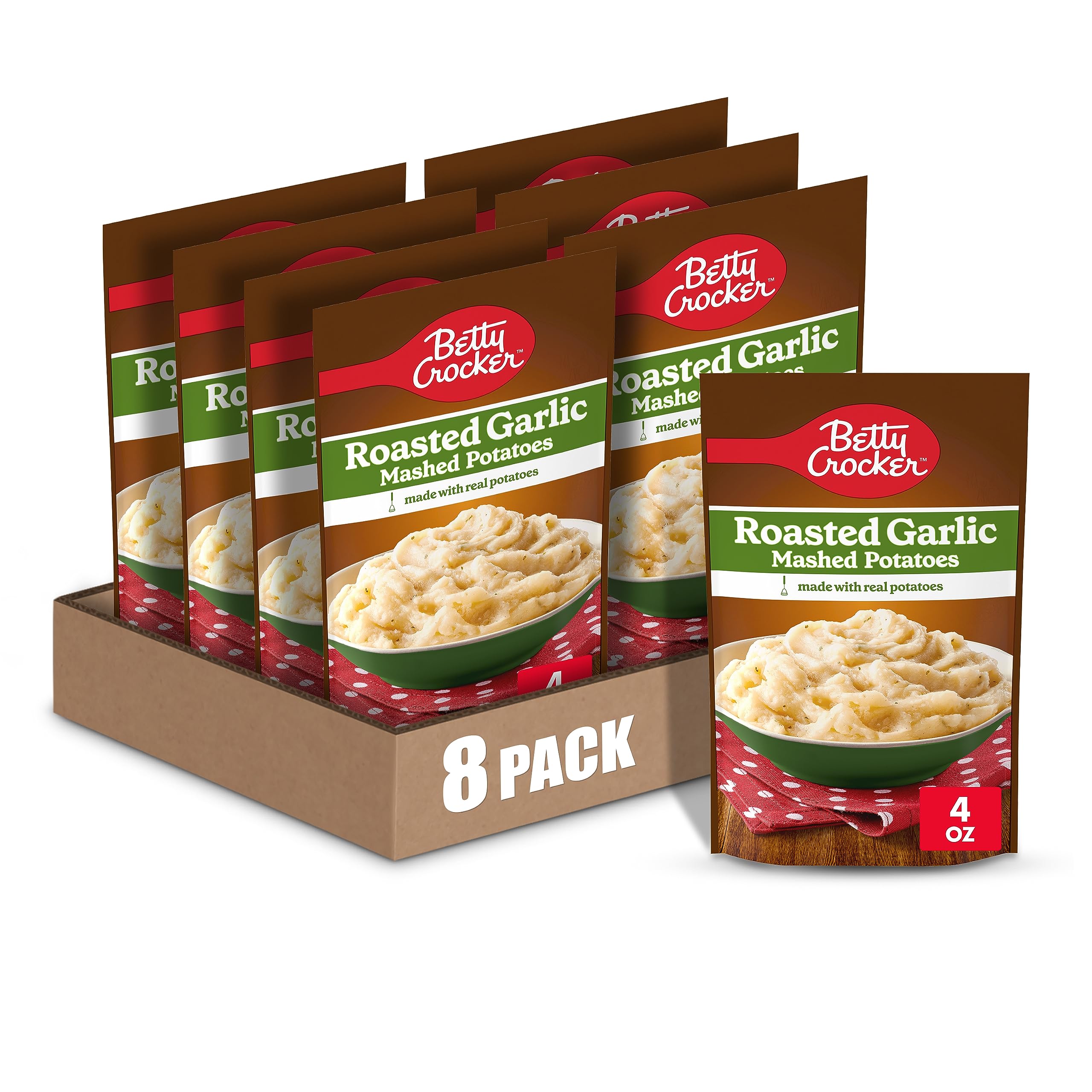 Betty Crocker Roasted Garlic Mashed Potatoes - 4 oz Pack of 8 | Instant Potato Mix for Quick Meals, Holiday Dinners & Easy Side Dishes