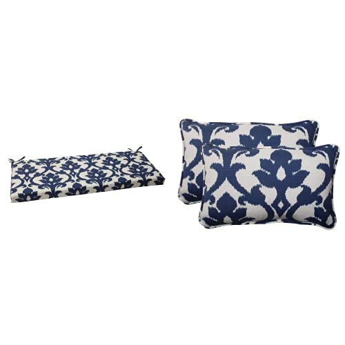 Pillow Perfect Basalto Navy Outdoor/Indoor Bench Cushion 45x18 Inch & Lumbar Pillows Set of 2 - Waterproof Patio Swing Cushion & Decorative Throw Pillows for Porch, Garden, Poolside