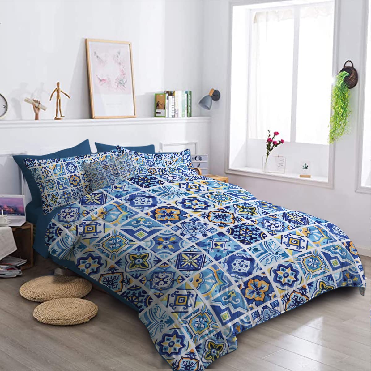 BlessLiving 8-Piece Mediterranean Tile Comforter Set - Full Size Navy & Yellow Down Alternative Bedding | All-Season Traditional Bed in a Bag with Comforter & Sheets | Perfect for Guest Rooms, Vacation Homes & Coastal-Themed Bedrooms