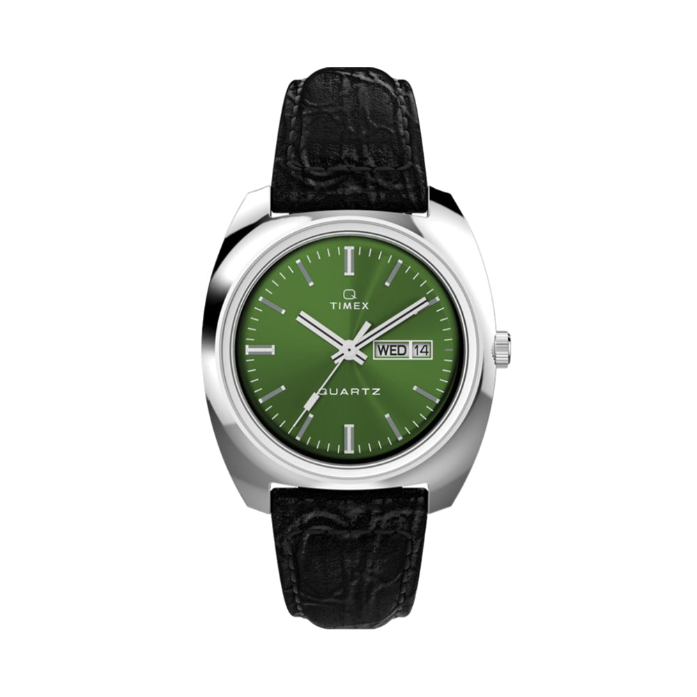 Q Dress Colors Day Date 37mm Green Leather Strap Watch - Perfect for Business Meetings & Formal Events