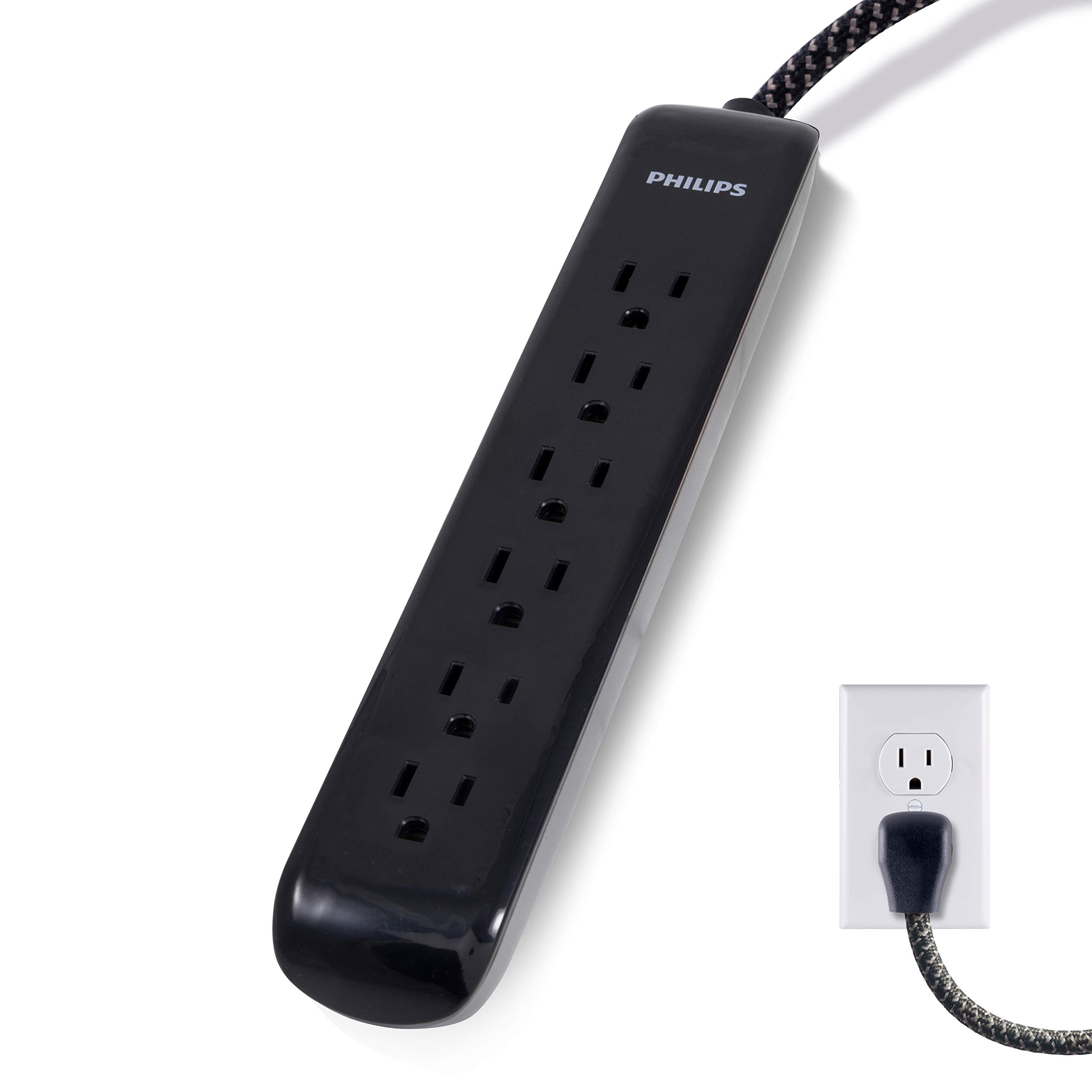 Philips 6-Outlet Surge Protector Power Strip with 4FT Braided Cord - 720 Joules Protection, Flat Plug, ETL Certified - Ideal for Home Office, Bedroom & Living Room Electronics Protection