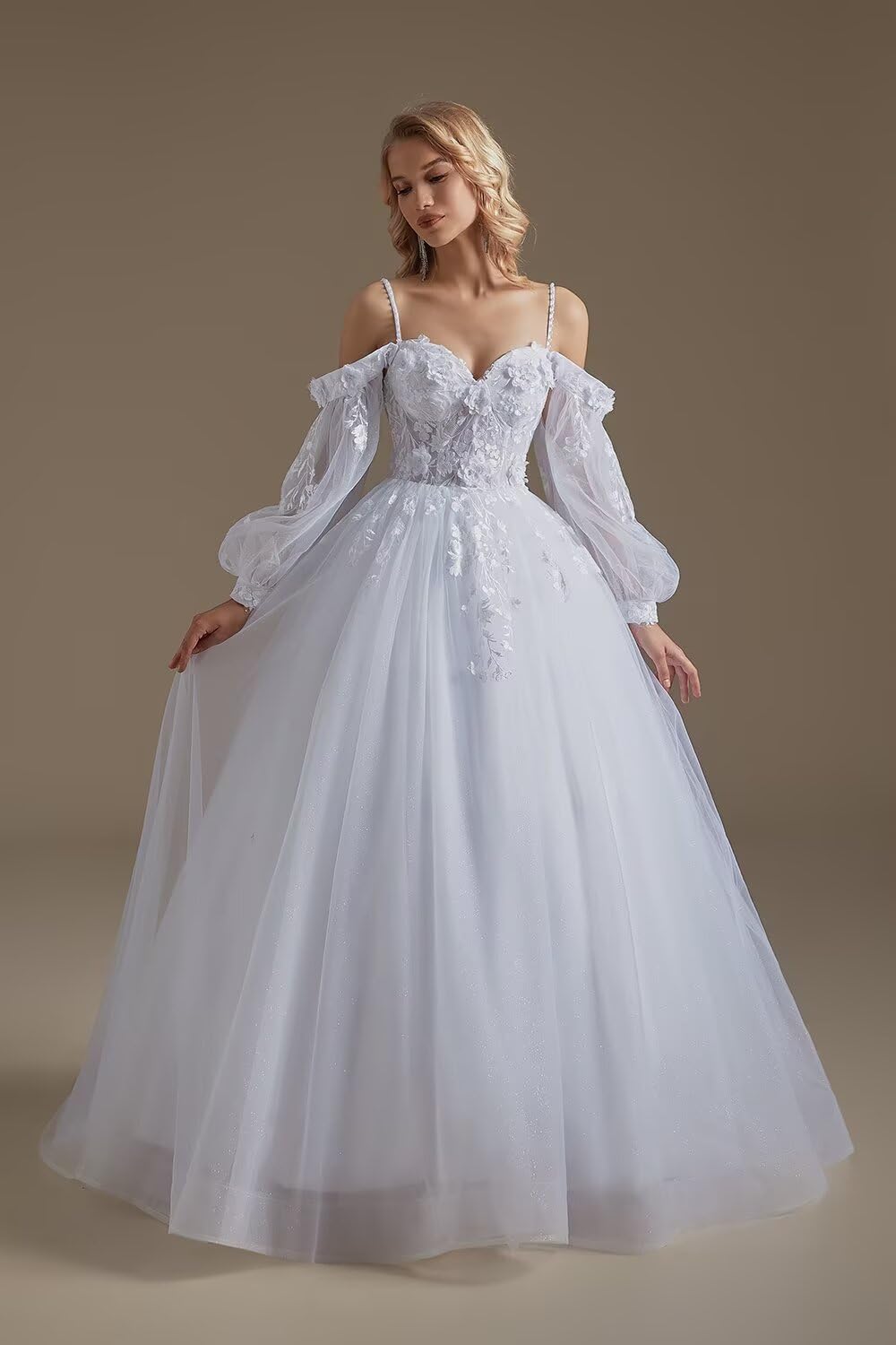 SoDigne 2025 Lace Applique Long Sleeve Tulle Wedding Dress for Bride - Elegant Summer Bridal Gown with Floral Embroidery for Women, Perfect for Beach, Garden & Church Ceremonies