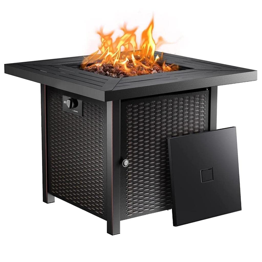 28 Inch 50,000 BTU Square Propane Fire Pit Table with Auto-Ignition, Lid & Lava Rocks - Outdoor Gas Fire Pit for Patio, Deck, Backyard, Garden - Perfect for Camping, BBQ Parties & Cozy Evenings (Black)