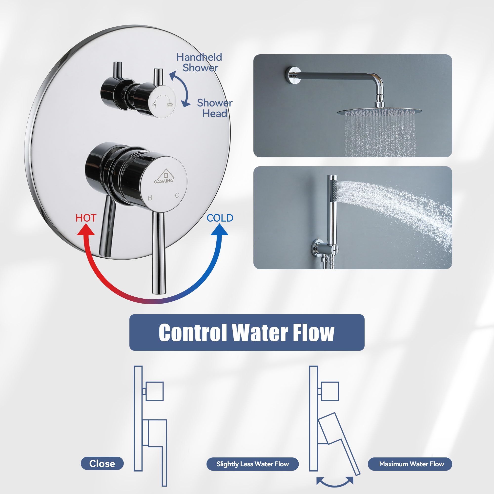 CASAINC 10 Inch Round 2-Function Shower Valve and Trim Kit with Rain Shower Head & Handheld Spray - Wall Mounted Chrome Shower System for Bathroom Renovation and Spa-Like Experience