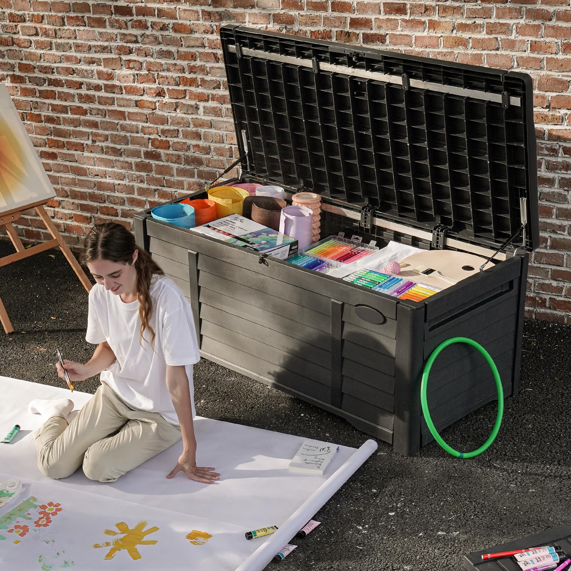 DWVO 120 Gallon Outdoor Storage Deck Box - Waterproof, Lockable Resin Storage Bench for Patio, Garden & Backyard - Durable Black Deck Box for Cushions, Toys & Pool Accessories