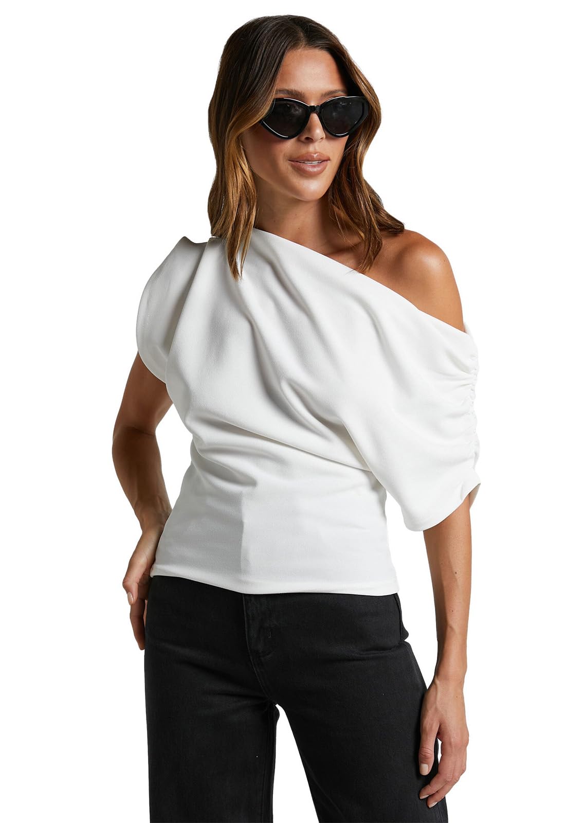 Ekaliy Women's Off Shoulder Casual Crop Top - Ruched Basic Slim Fit T-Shirt for Going Out & Y2K Style | Perfect for Parties, Dates & Summer Outfits
