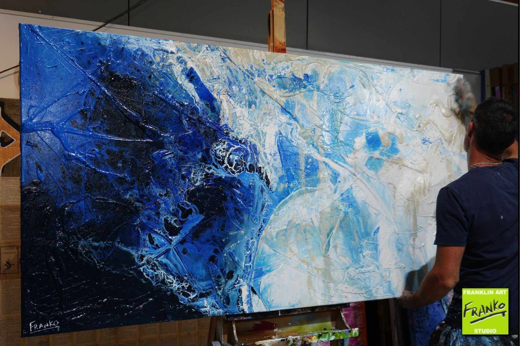 Blu Atoll 190cm x 100cm White Blue Textured Abstract Canvas Art - Modern Wall Decor for Living Room, Bedroom & Office