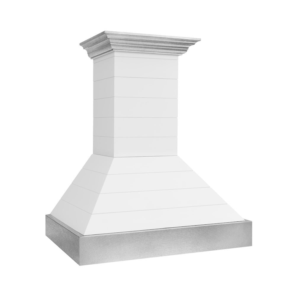 ZLINE 36 Inch Rustic Shiplap Wooden Wall Mount Range Hood - Bright White Finish with Stainless Steel Accents (Model 365WW 36) | Perfect for Farmhouse Kitchen, Modern Cabinets & Open Concept Homes