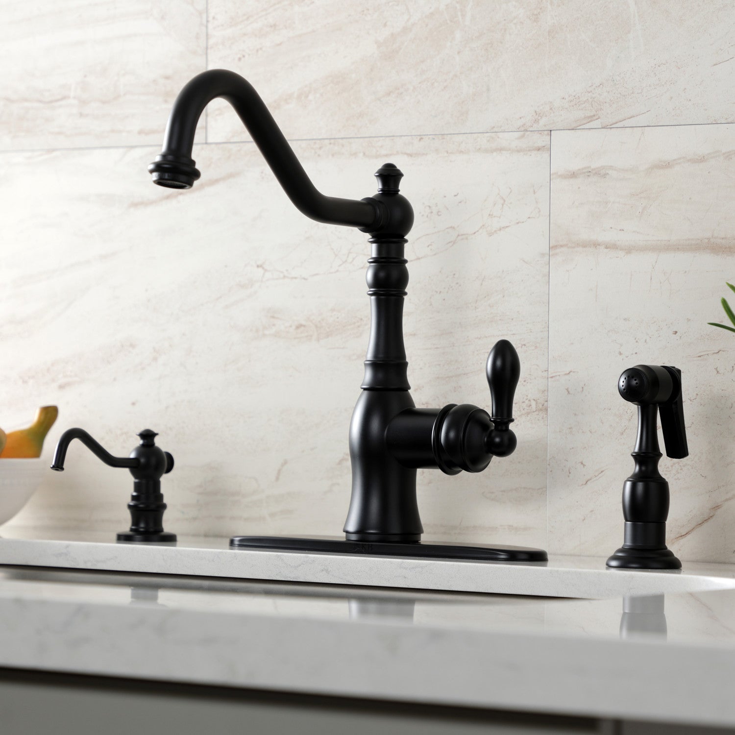 American Classic GSY7700ACLBS Single Handle 2/4 Hole Deck Mount Kitchen Faucet with Brass Side Sprayer in Matte Black - Perfect for Modern Farmhouse & Industrial Style Kitchens