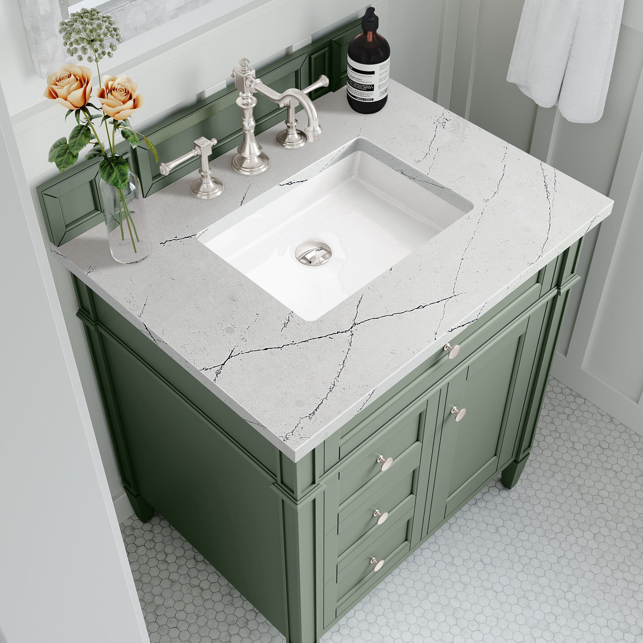 Brittany 30-Inch Single Bathroom Vanity in Smokey Celadon with 3CM Ethereal Noctis Quartz Top - Perfect for Modern Master Bathrooms & Powder Rooms