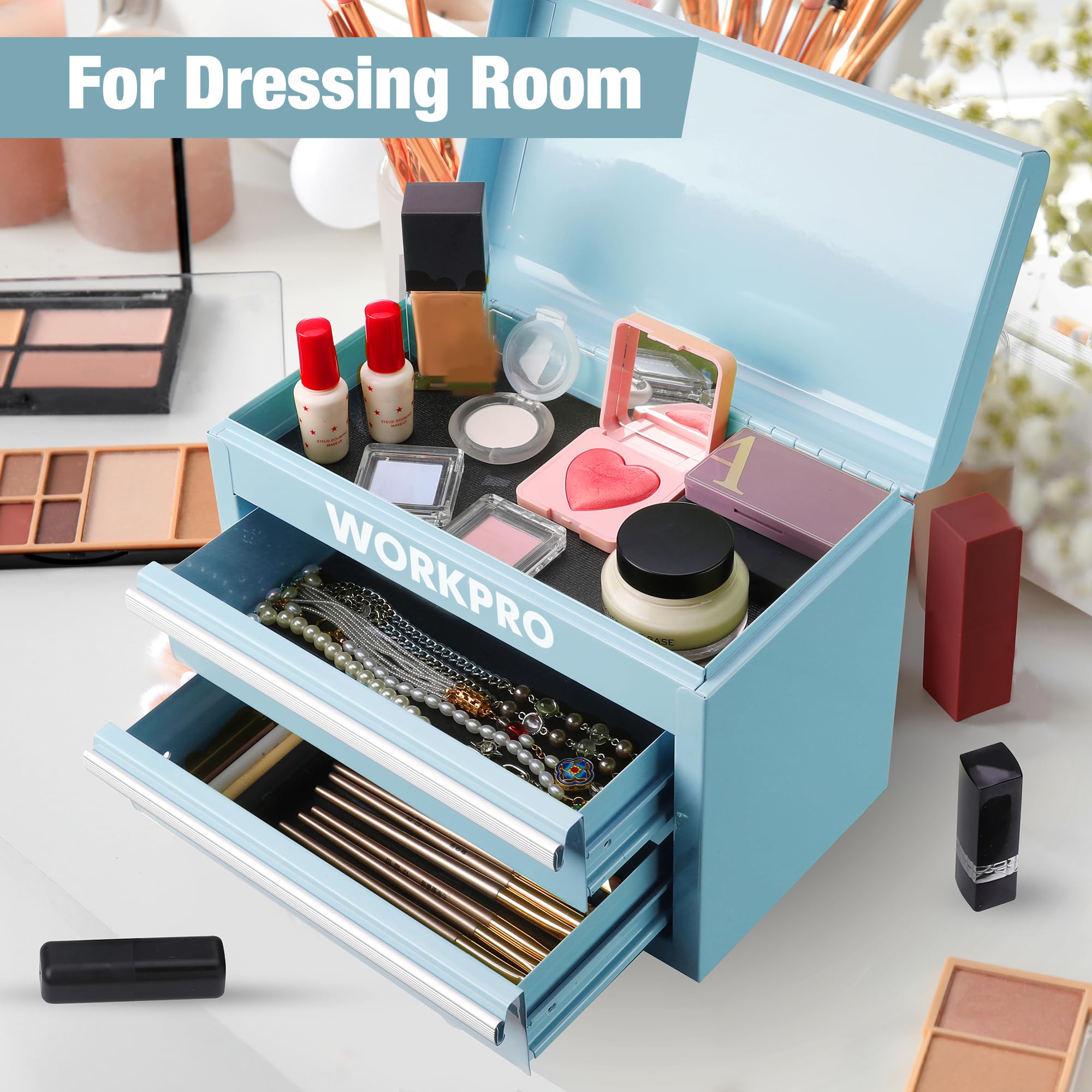 WORKPRO Mini Metal Tool Box with 2 Drawers & Top Storage - Small Steel Tool Chest with PVC Liners, PP Feet Pads & Magnetic Tab | Durable Cold Rolled Steel Construction | Perfect for Home Garage, Workshop & DIY Projects