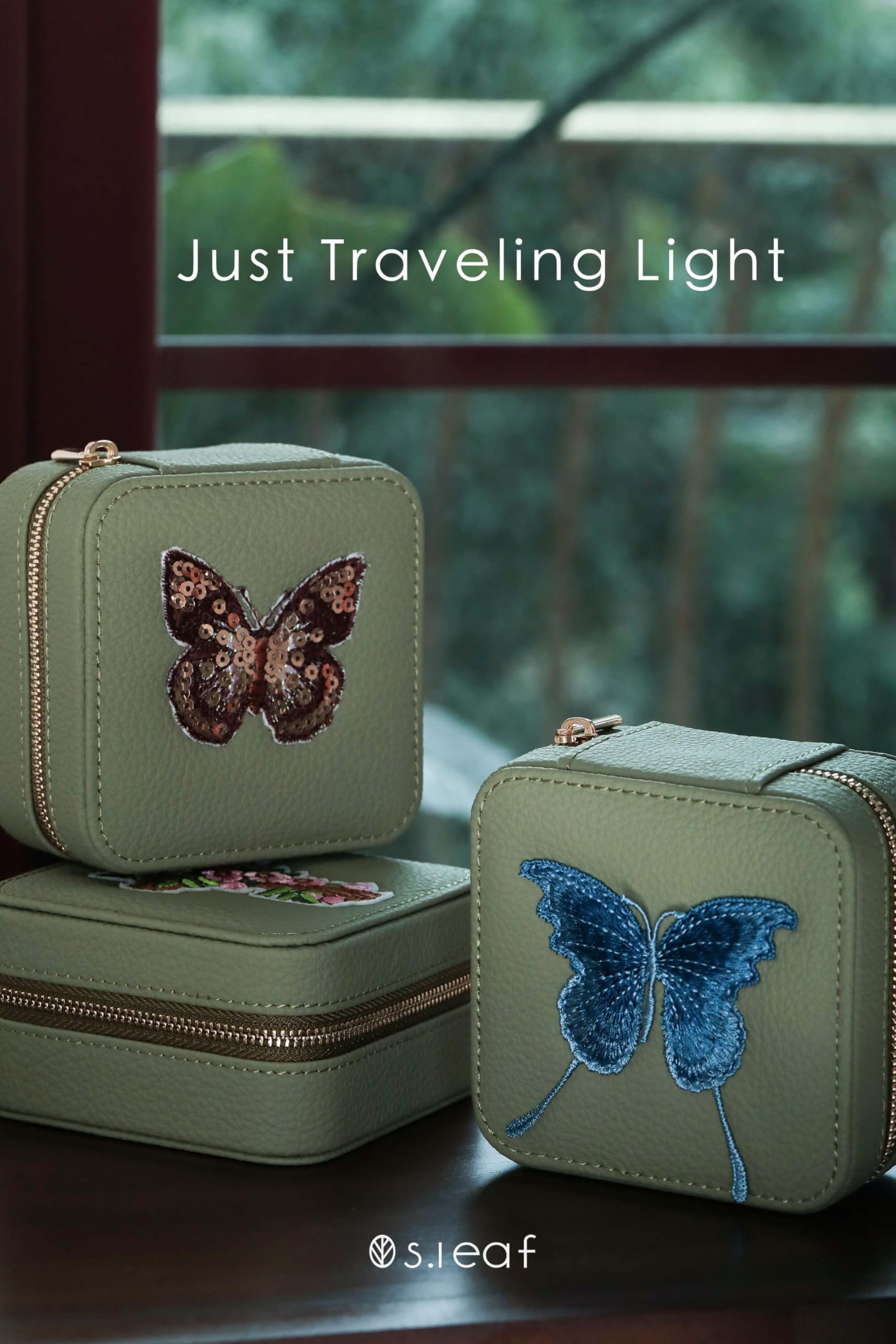 S.Leaf Portable Jewelry Organizer Box for Women - Mini Travel Jewelry Case with Butterfly Design (Lychee Fade Green/Blue) | Perfect for Vacation, Business Trips & Daily Storage