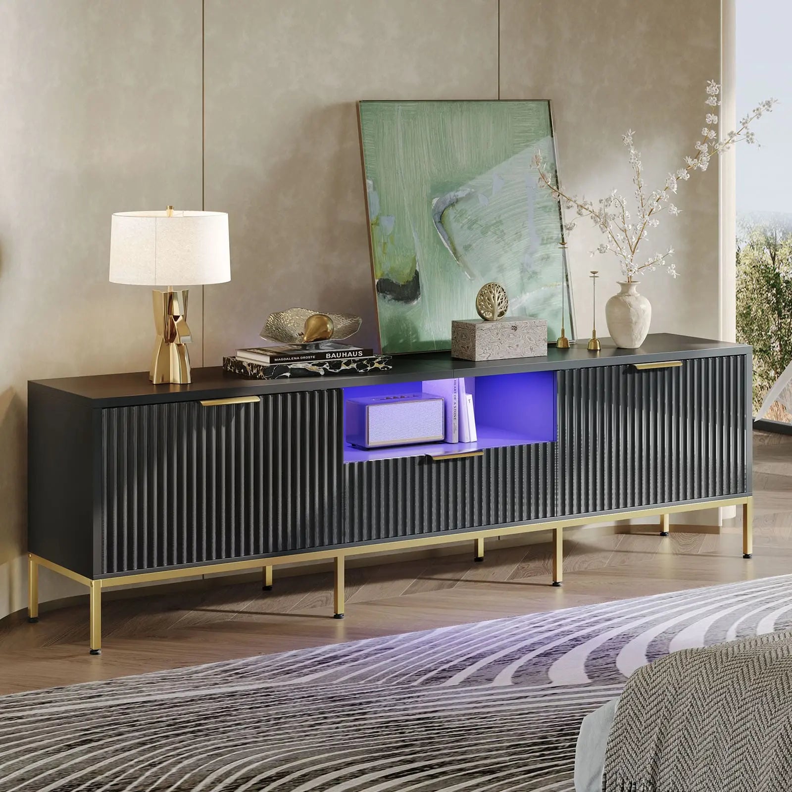 Bestier 70 Inch Modern TV Stand with Fluted Design for 80 Inch Flat Screen TVs - Perfect for Living Room, Bedroom & Home Theater Entertainment Centers