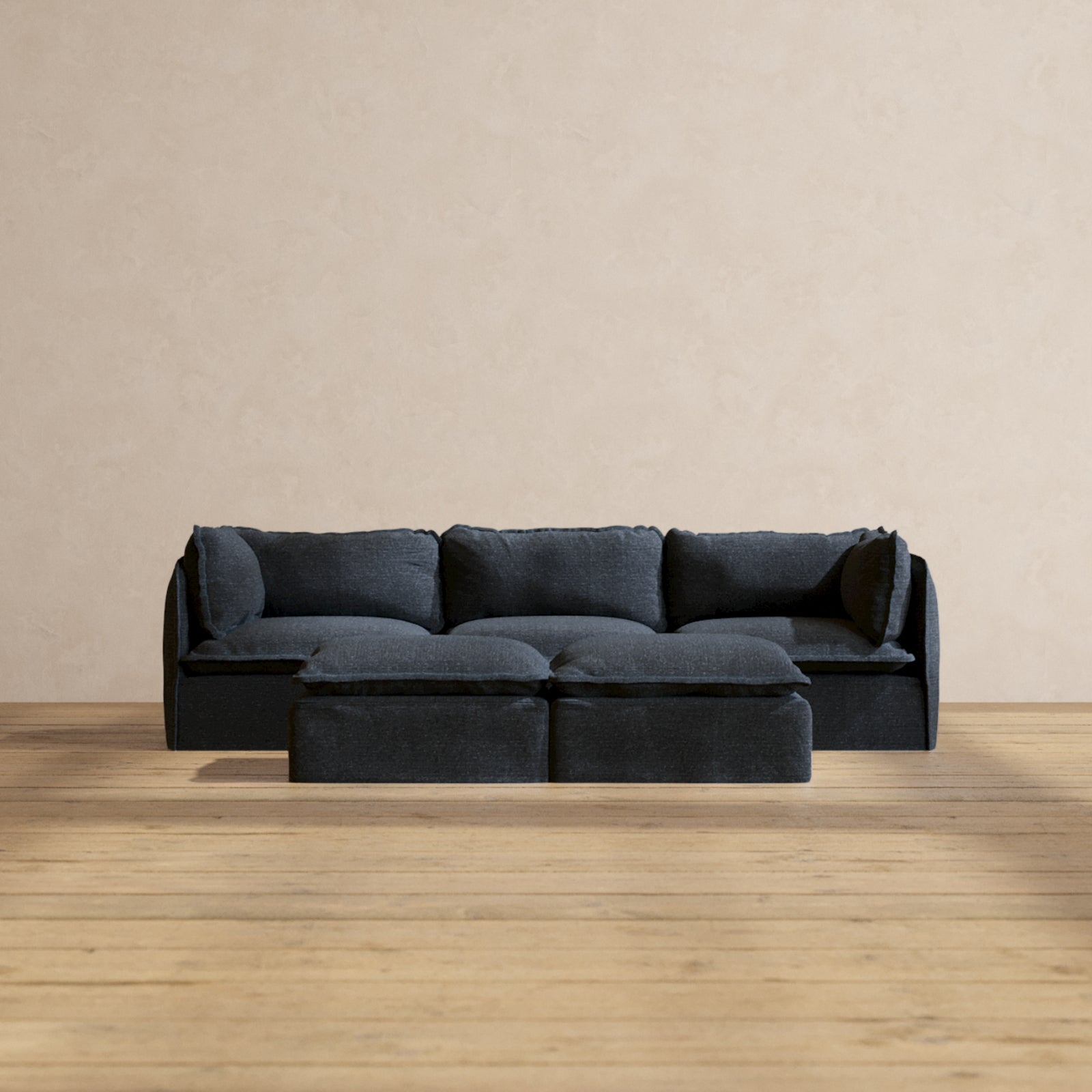 Premium Modular Performance 3-Seater Sofa with Ottoman Bench in Indigo Blue | Luxe Fabric Blend | Perfect for Living Rooms, Home Theaters & Lounge Areas