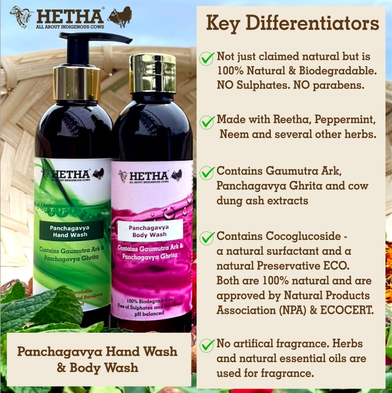 Hetha Panchgavya Organic Hand Wash - 100% Biodegradable & Natural Ingredients for Gentle Skin Cleansing - Perfect for Home, Kitchen, Bathroom & Eco-Friendly Living