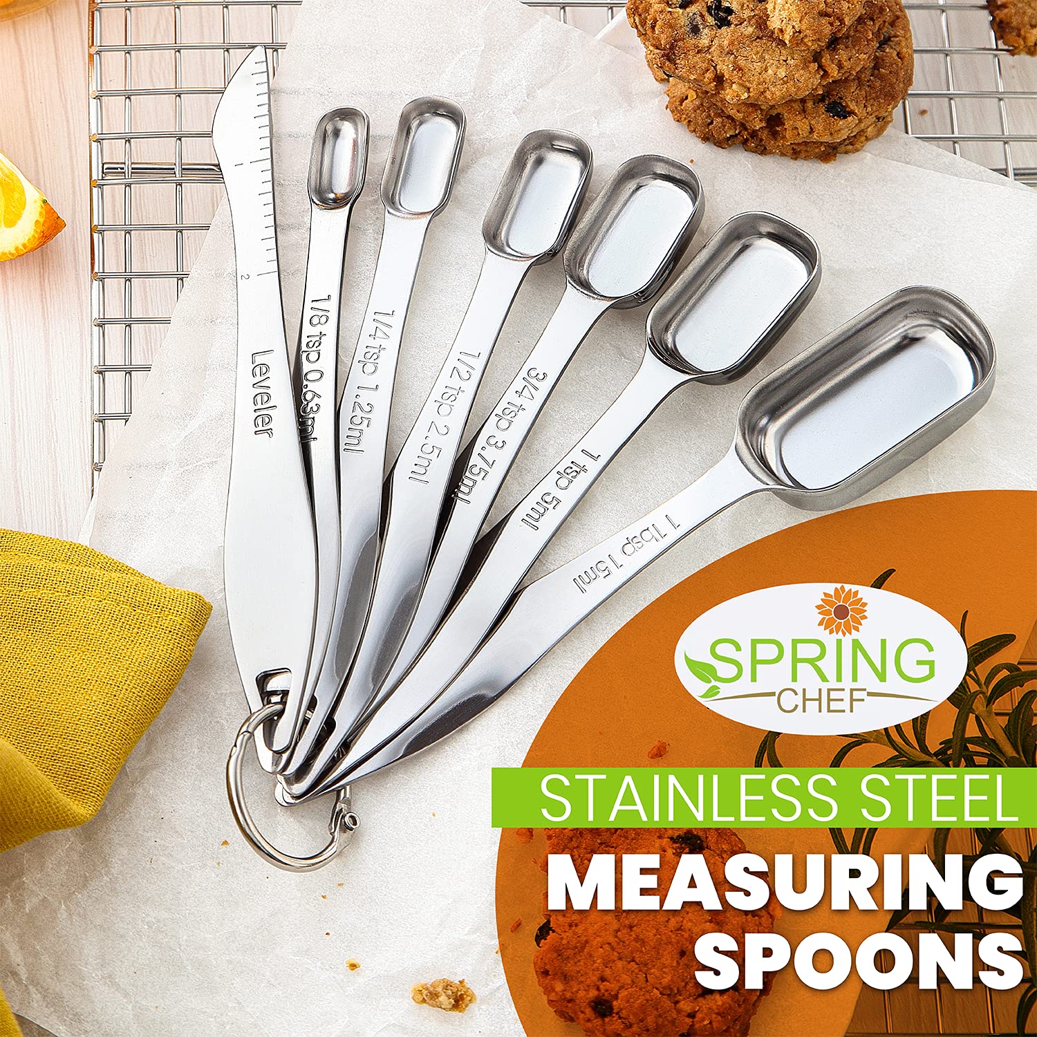 Spring Chef Stainless Steel Measuring Spoons & Cups Set - 2-Piece Kitchen Bundle for Baking & Cooking | Rectangular Spoons & Round Cups
