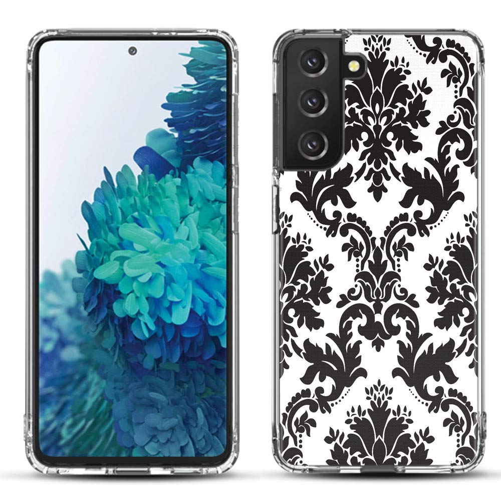 Shockproof Hybrid Phone Case for Samsung Galaxy S21 5G - Victorian White/Black | One Tough Shield Bumper Protection | Perfect for Outdoor Activities, Work & Travel