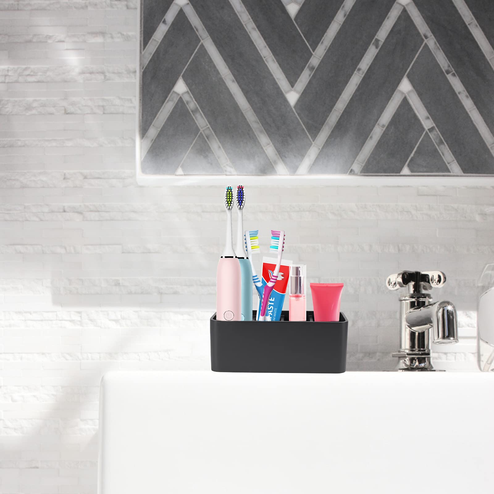 Black Toothbrush and Toothpaste Holder Stand - Bathroom Organizer for Toothbrushes & Makeup Brushes | Perfect for Small Bathrooms, Vanities & Travel Essentials Storage