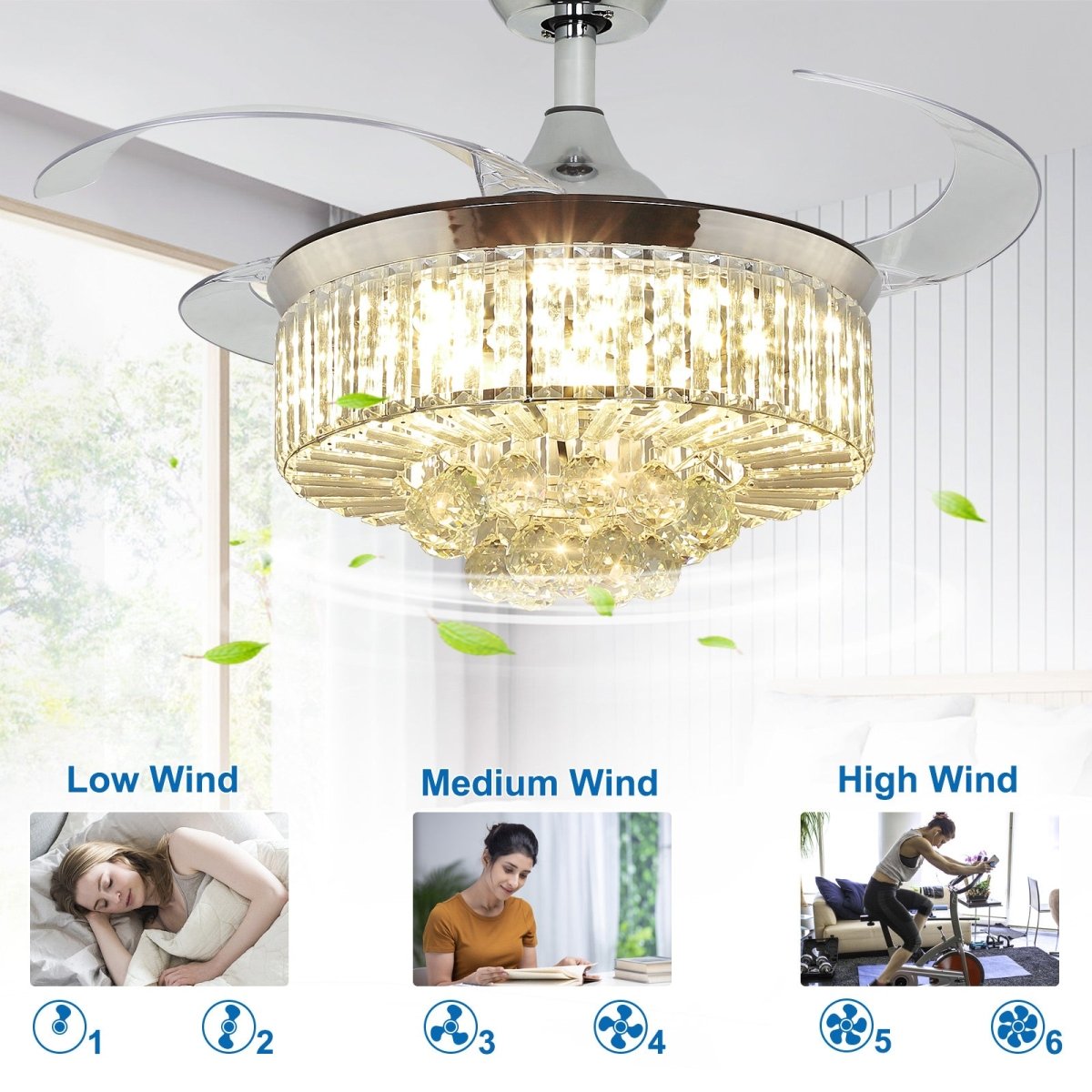 Modern Crystal Retractable Invisible Blades Fandelier - 42 Inch LED Chandelier Ceiling Fan with Remote, 3 Color Temperatures (3000K-6000K), 6-Speed Reversible DC Motor, Silver - Perfect for Bedroom, Living Room, and Dining Room Lighting