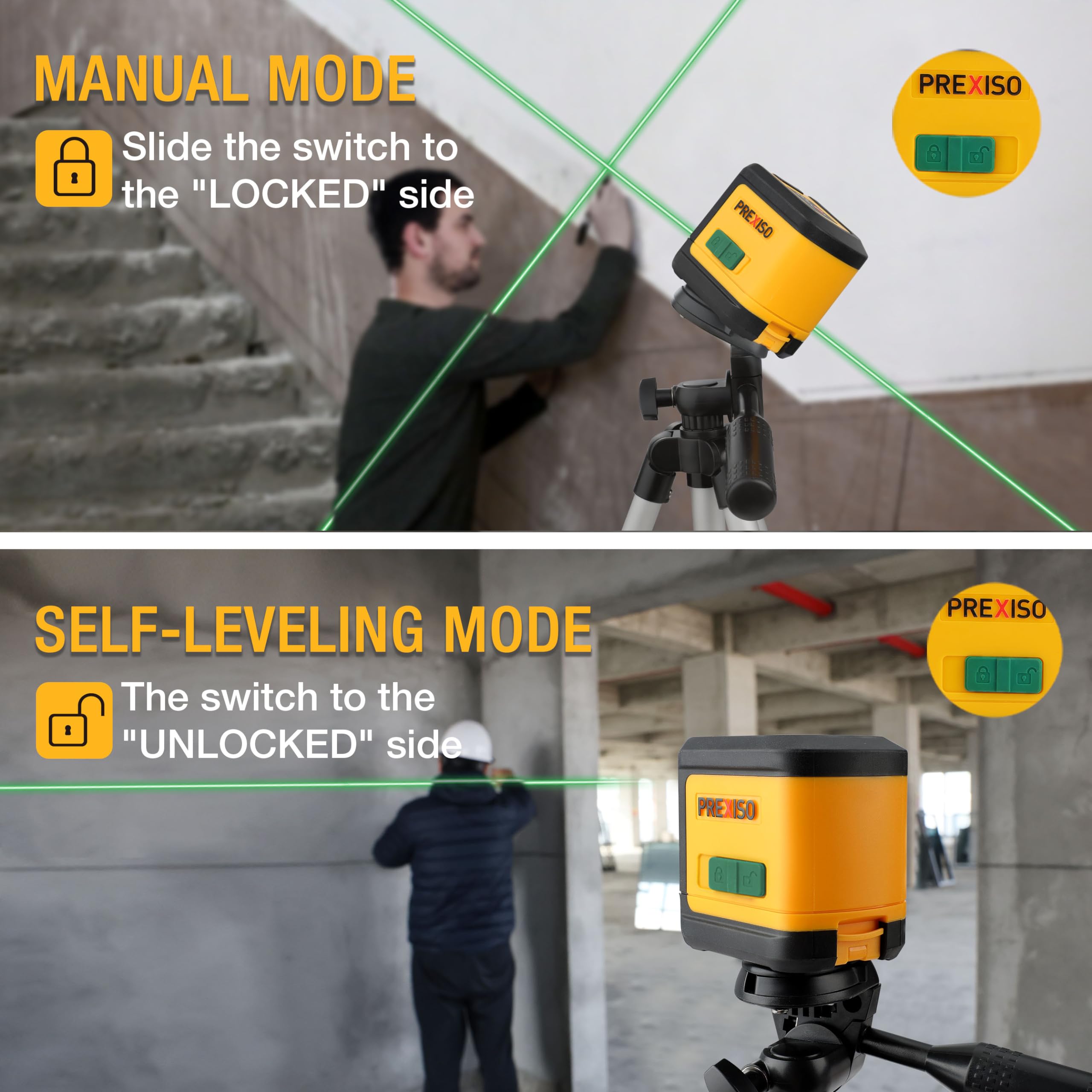 PREXISO Self-Leveling Green Laser Level with Tripod - 100Ft Dual Modules Cross Line Laser Leveler for Floor Tile Installation, Home Renovation & Construction - Includes 26in Tripod & 2 AA Batteries (Perfect for Wall Alignment, Cabinet Hanging & DIY Projects)