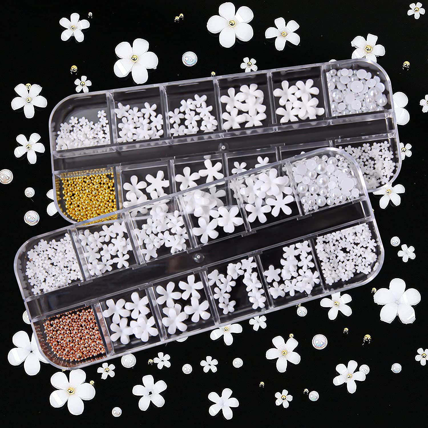 SILPECWEE 2 Boxes 3D Flower Nail Charms - Gold Nail Beads & White Floral Nail Jewelry Set with 1pc Tweezers & Picker Pencil for DIY Nail Art - Perfect for Bridal, Party, and Salon Nail Designs