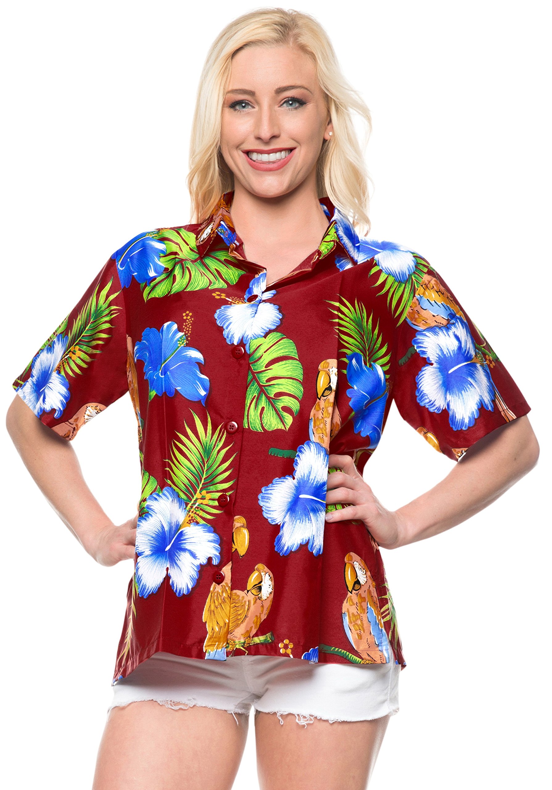 LA LEELA Women's Short Sleeve Hawaiian Beach Blouse Shirt - Floral Print Vacation Top for Summer, Pool Party & Tropical Getaways