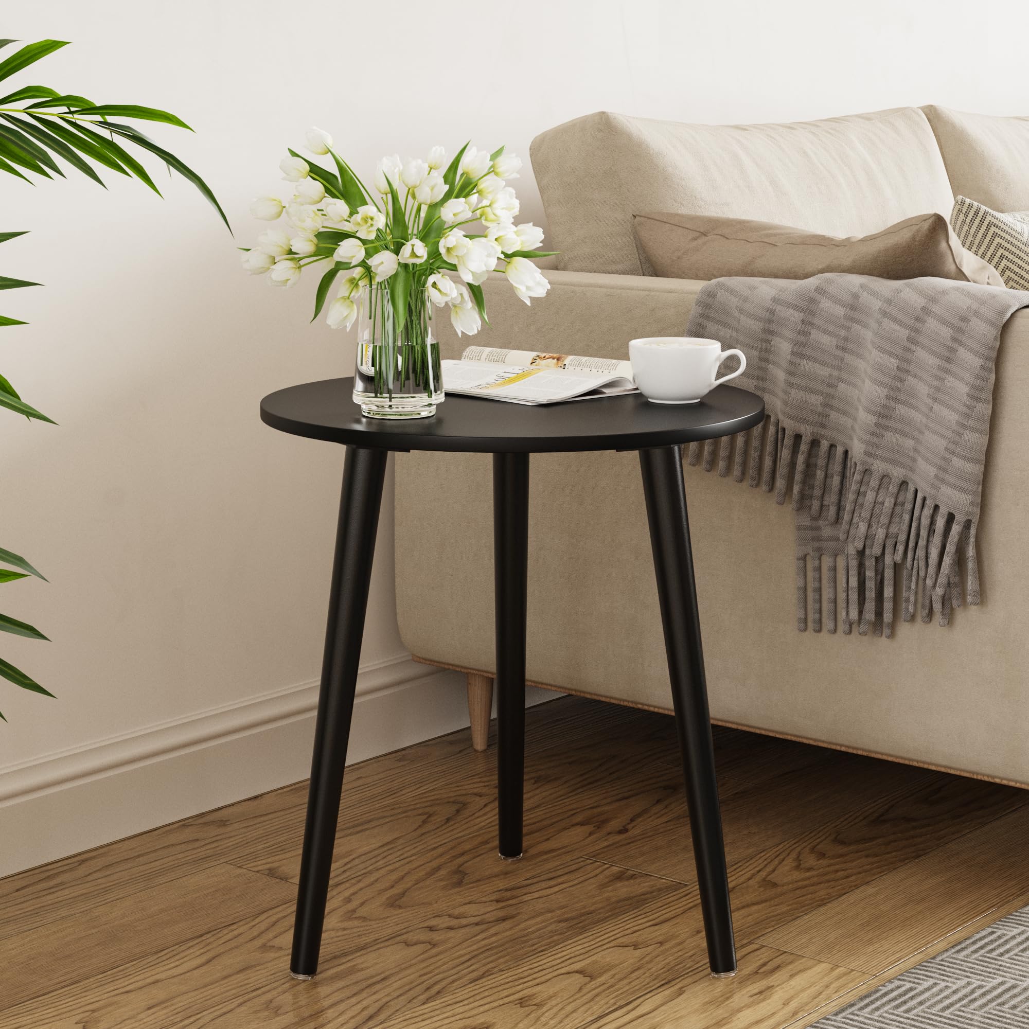 Apicizon Black Round Side Table with Wood Legs - 16.5 x 20.5 Inch End Table, Nightstand for Bedroom, Living Room & Nursery - Perfect for Small Spaces, Coffee Table Alternative & Bedside Storage
