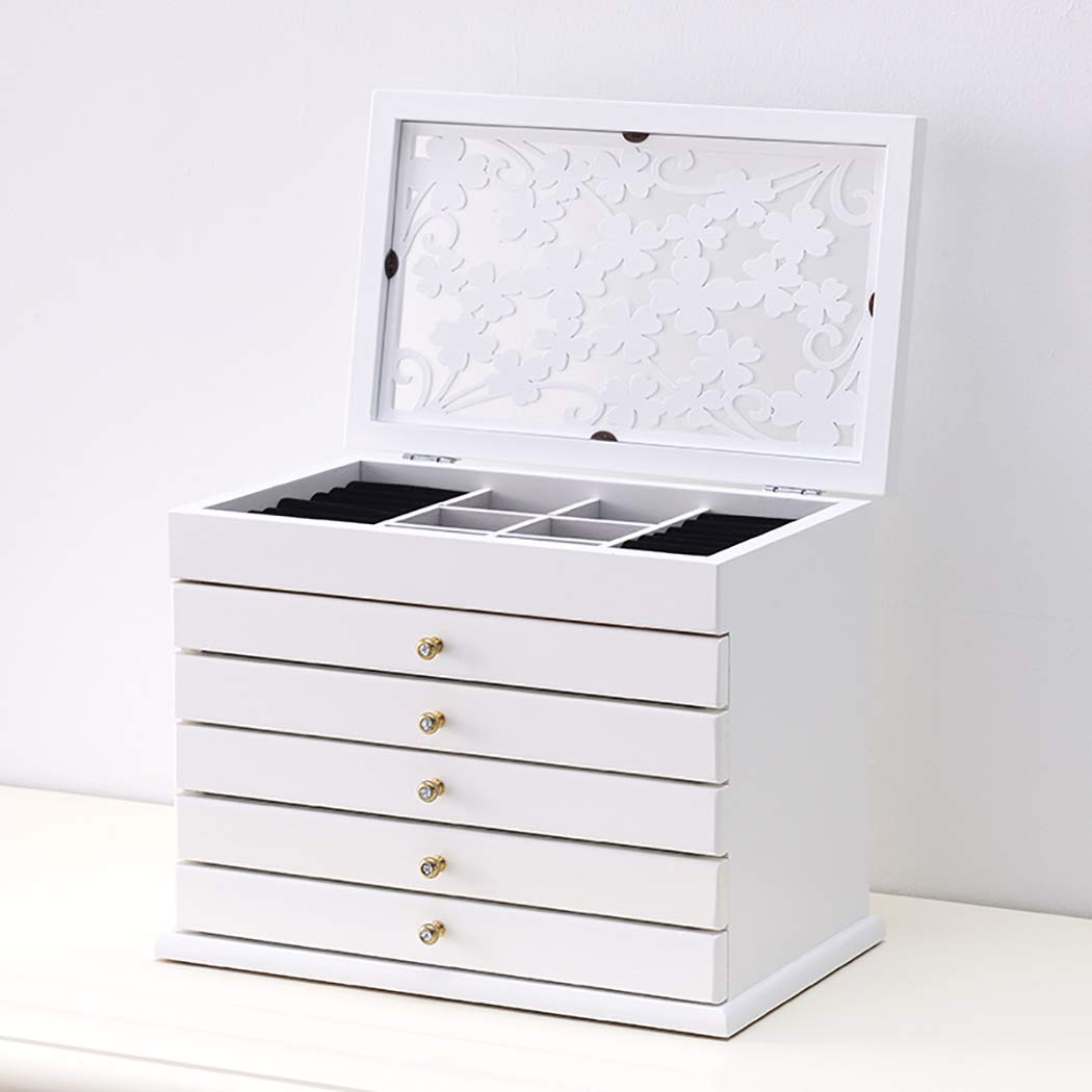 ZJFSX 6-Layer Wooden Jewelry Box with Drawer - Large Hand-Carved White Jewelry Organizer for Women | Perfect for Necklace, Ring & Earring Storage | Bedroom Vanity & Travel Jewelry Case