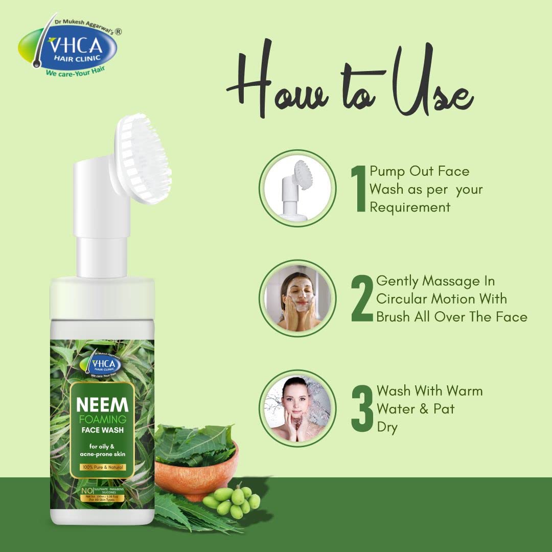 VHCA Neem Foaming Face Wash for Oily & Acne-Prone Skin | Paraben, Sulfate & Silicone Free | Gentle Cleanser for Men & Women | 100ml | Perfect for Daily Skincare Routine & Travel