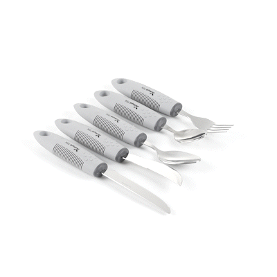 Adapt Tek Gray Stainless Steel 5-Piece Adaptive Utensil Set - Lightweight, Non-Slip Grip for Easy Eating - Ideal for Seniors & People with Arthritis or Limited Mobility (1 Count Box) - Perfect for Home, Assisted Living & Travel Use