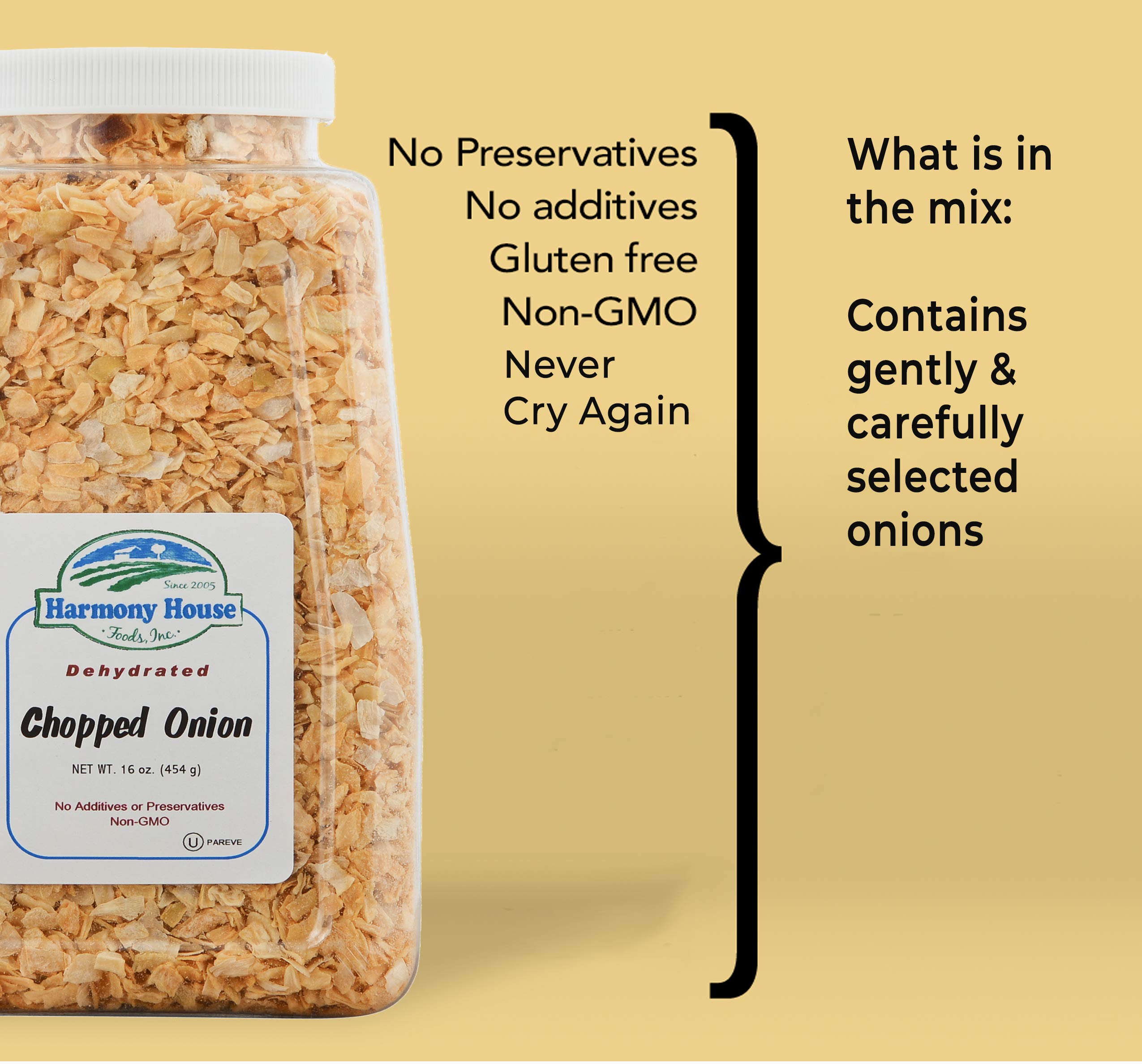 Harmony House Foods Dried Chopped Onions 16oz (1lb) - All Natural, No Preservatives - Perfect for Soups, Stews, Salads & Cooking - Resealable Quart Size Jar