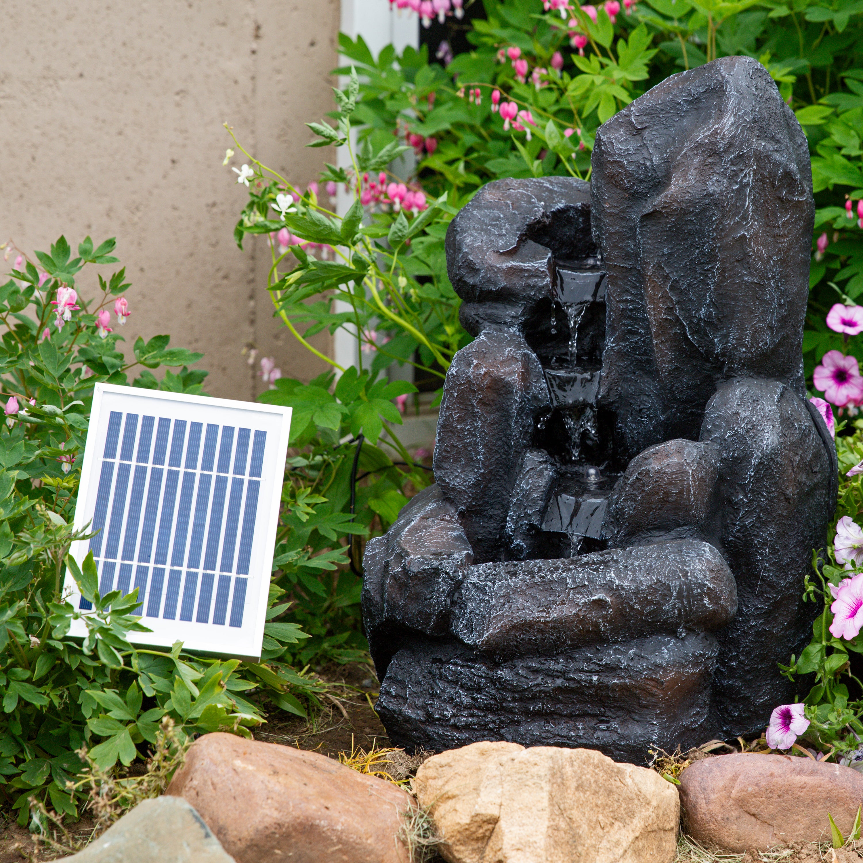 Sunnydaze Rock Falls Solar Outdoor Water Fountain with Battery Backup - Decorative Garden Fountain for Patio, Yard, and Landscaping - Relaxing Water Feature for Outdoor Spaces