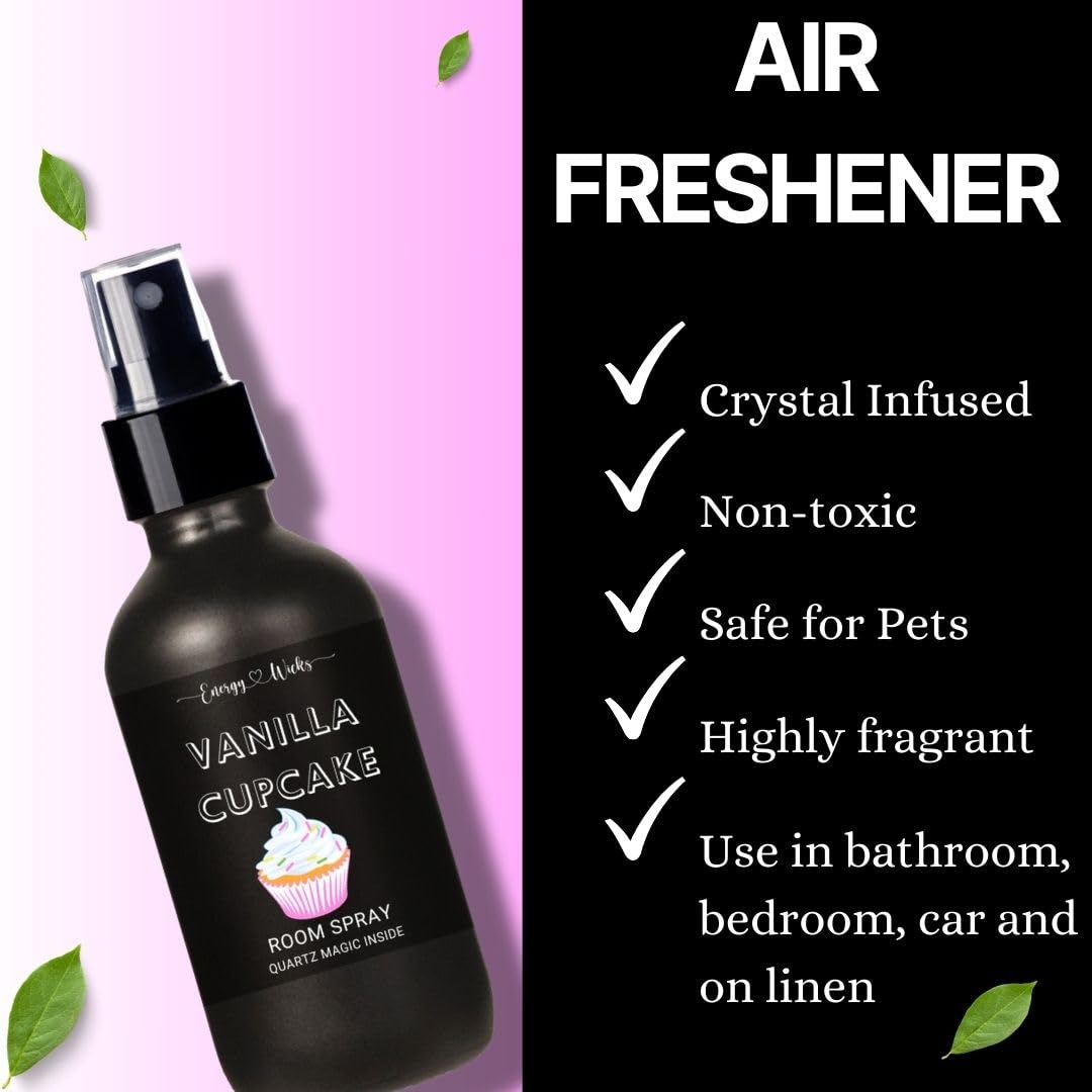 Vanilla Cupcake Scented Room Spray with Quartz Crystals - 2oz Natural Air Freshener for Home, Car & Bathroom | Aromatherapy & Stress Relief