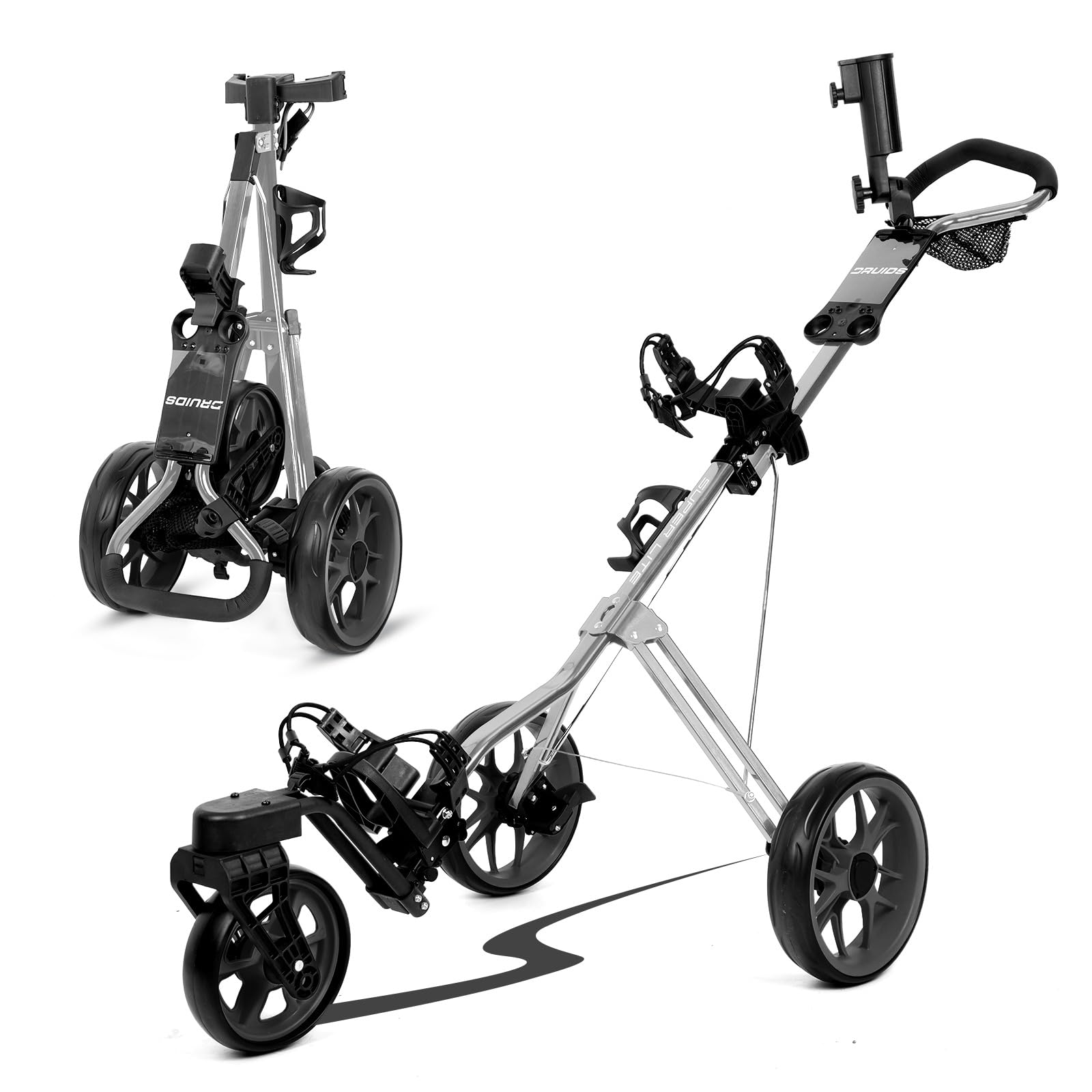 DRUIDS Golf 360 Push Cart - Lightweight 3-Wheel Swivel Golf Push Cart with Brake, Umbrella Holder & Foldable Design | Portable Walking Golf Caddy for Men & Women | Perfect for Course Walking, Practice Rounds & Senior Golfers