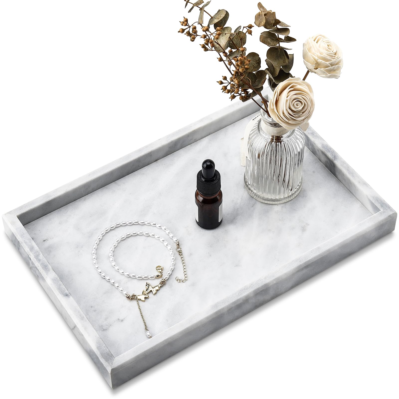 Premium Natural Marble Tray for Jewelry, Cosmetics & Home Decor - Elegant Rectangle Stone Tray for Bathroom, Vanity, Kitchen & Office Desk - Perfect for Organizing Candles, Perfume & Lotion Bottles