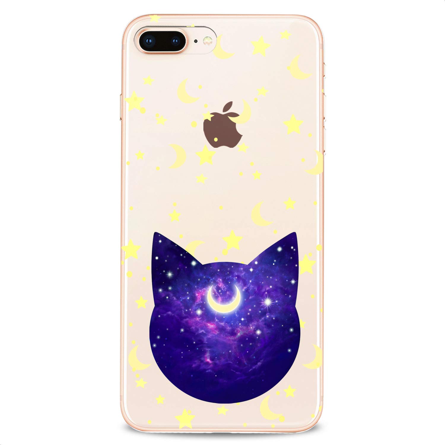TPU Phone Case for iPhone 16/15/14/13/12/11 Pro Max/Plus/Mini/Xs/Xr/X/8+/7/6/5/SE - Cute Moon Cat with Stars Galaxy Design - Slim Flexible Silicone Protective Cover - Perfect for Everyday Use, Gift Giving & Kawaii Lovers