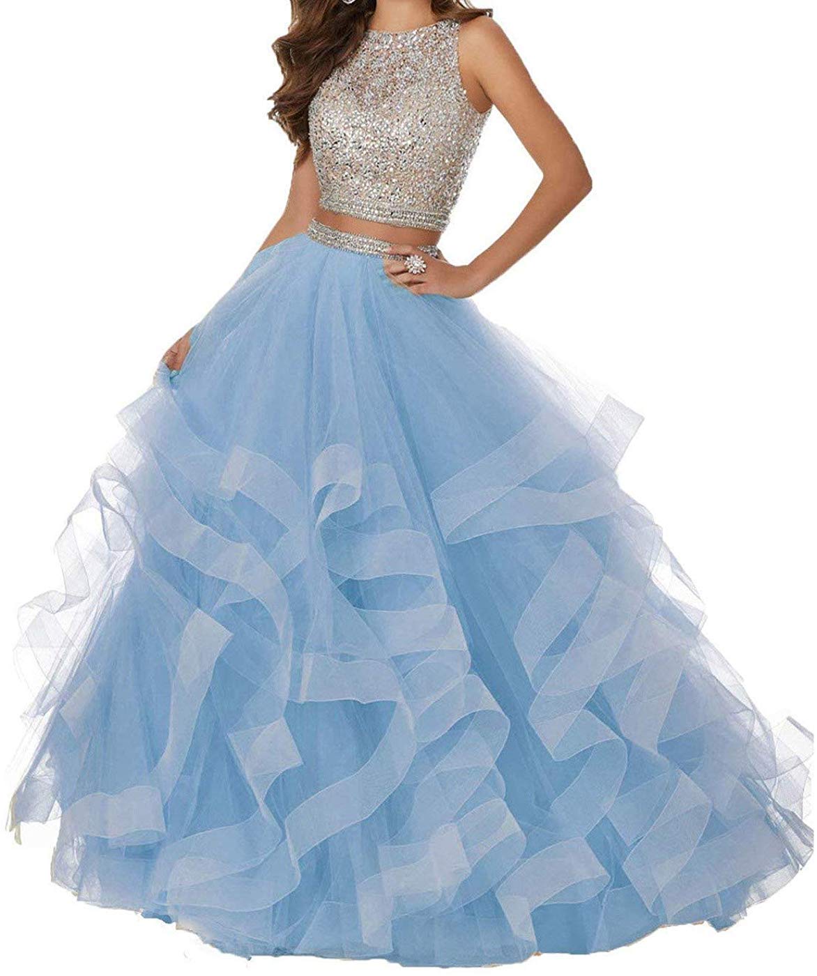 Ieuan Women's Elegant Two-Piece Prom Dress with Sequins & Tulle Ball Gown – Perfect for Bridal, Wedding, and Formal Events