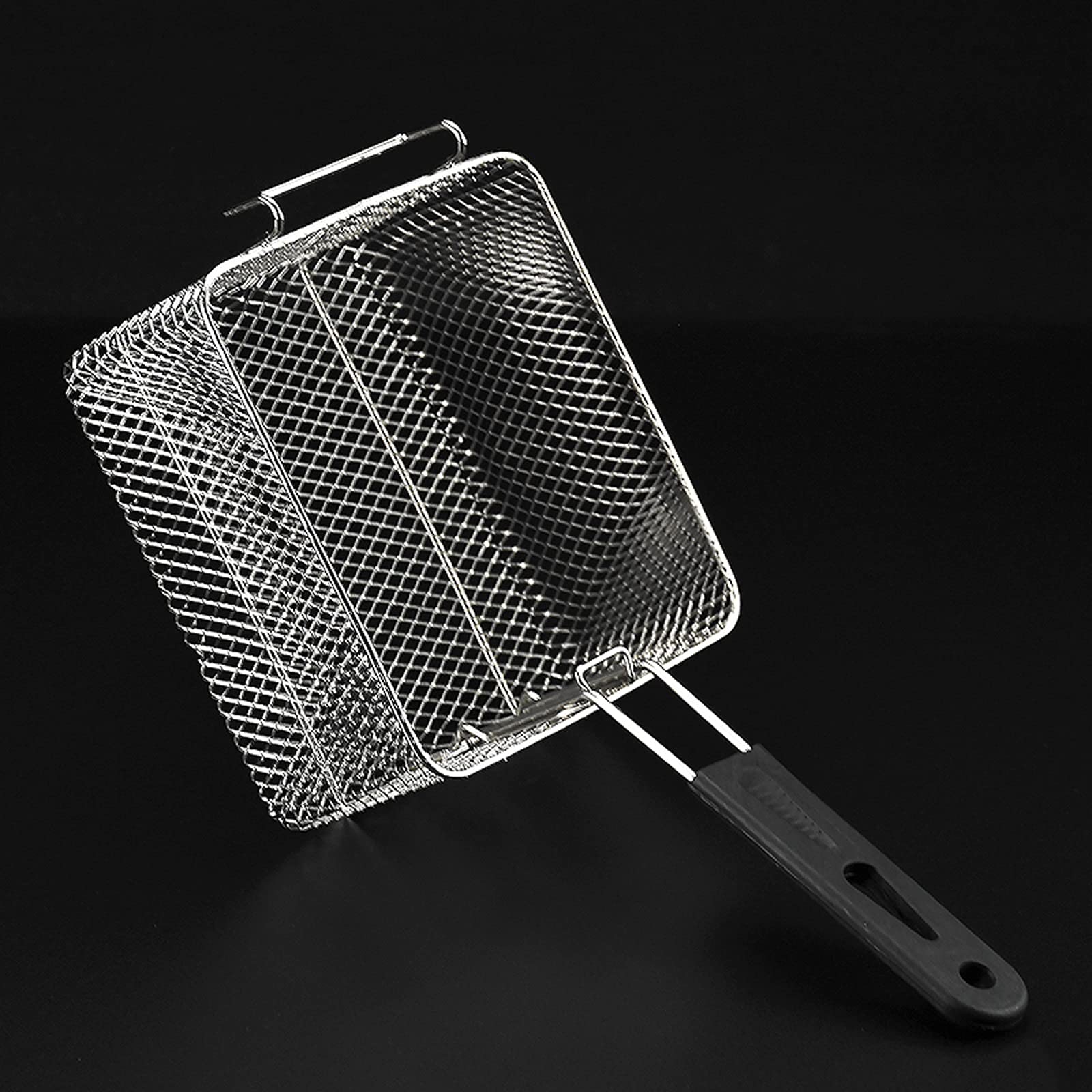 Commercial Electric French Fry Basket - Stainless Steel Square Fryer Basket with Black Handle for Restaurant & Home Kitchen - Perfect for Frying Chips, Onion Rings & Chicken Wings
