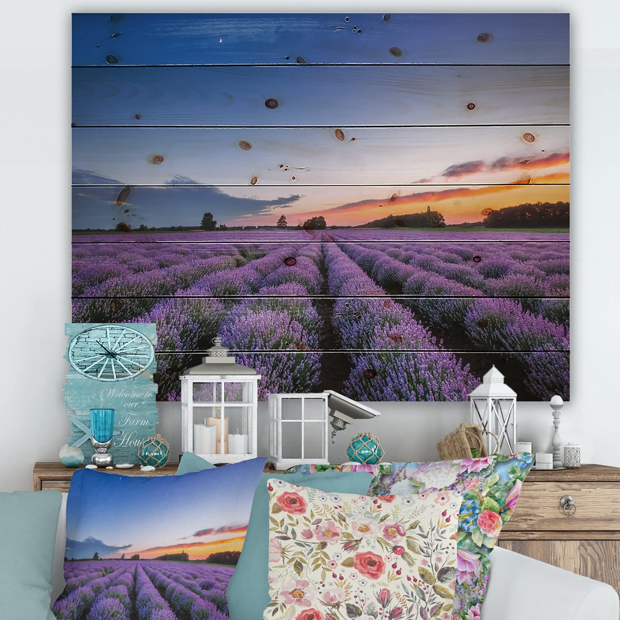Farmhouse Wood Wall Art - Lavender Field Sunrise on Pine Wood for Home Decor