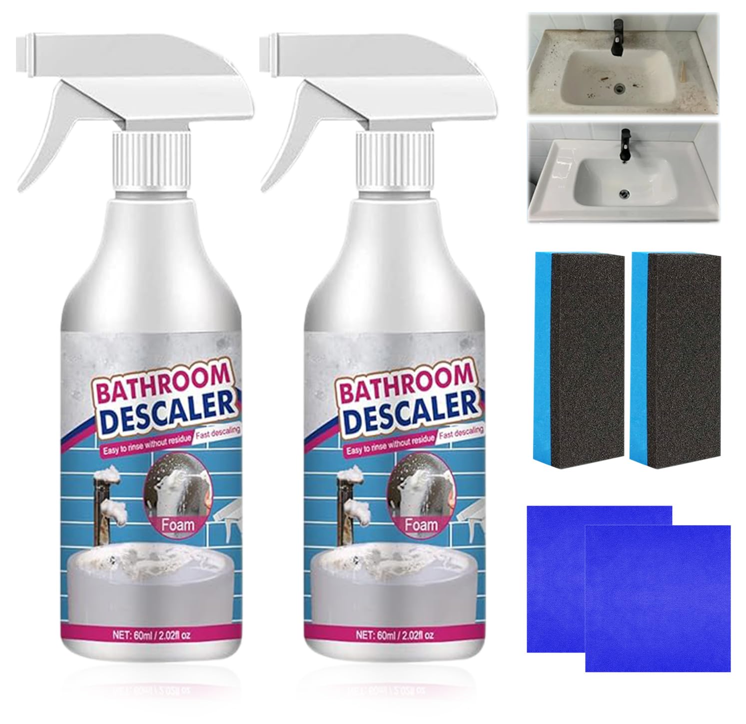 Powerful Bathroom Descaler Foam Cleaner Spray - Removes Stubborn Stains & Limescale - Multi-Purpose Bubble Cleaning Foam for Shower, Sink, Toilet & Tiles (2-Pack) - Ideal for Bathroom, Kitchen & Household Deep Cleaning