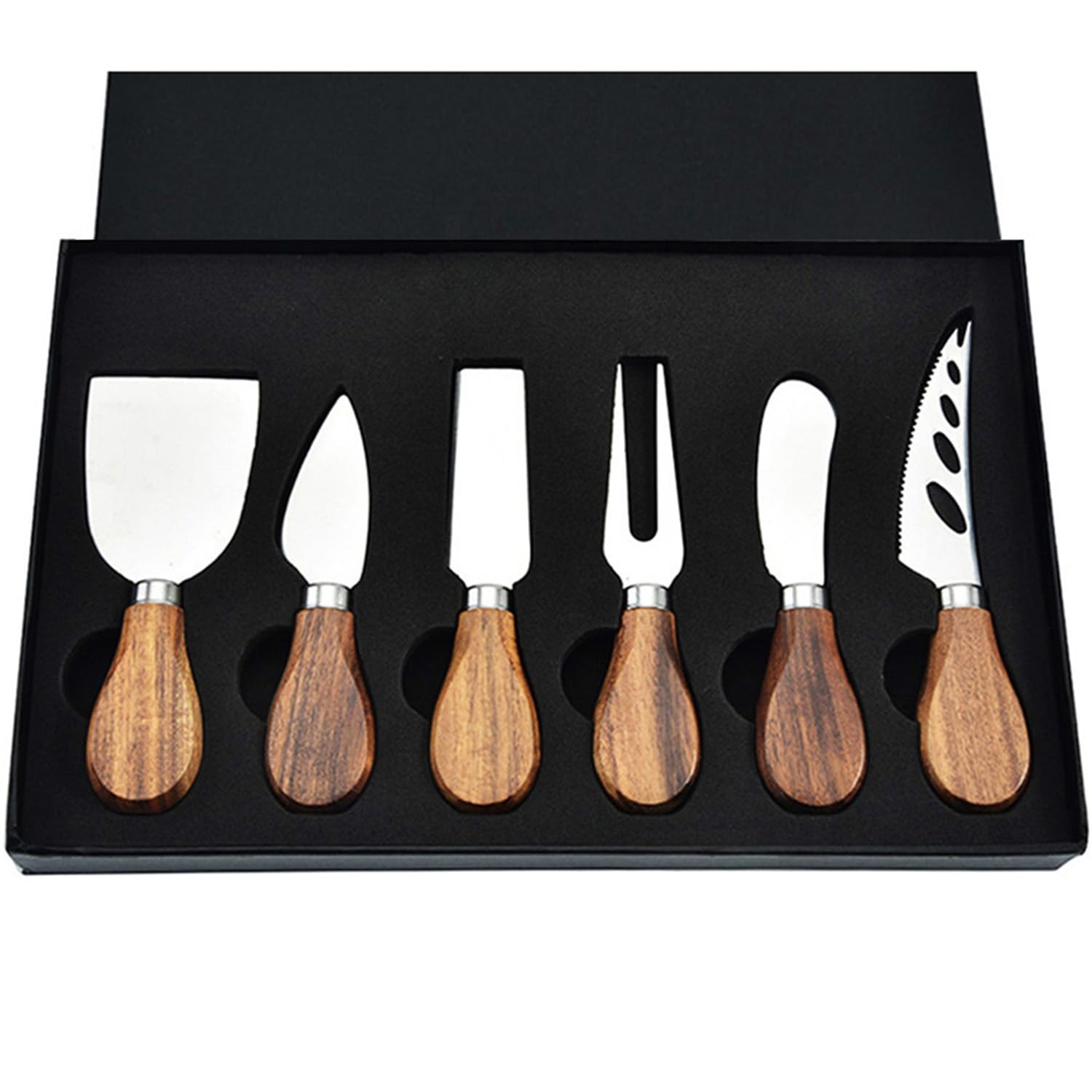 6-Piece Acacia Wood Cheese Knife Set with Stainless Steel Blades - Cheese Slicer, Fork & Spreader for Cheese, Butter, Pizza & Cake - Perfect for Entertaining, Charcuterie Boards & Gift Giving