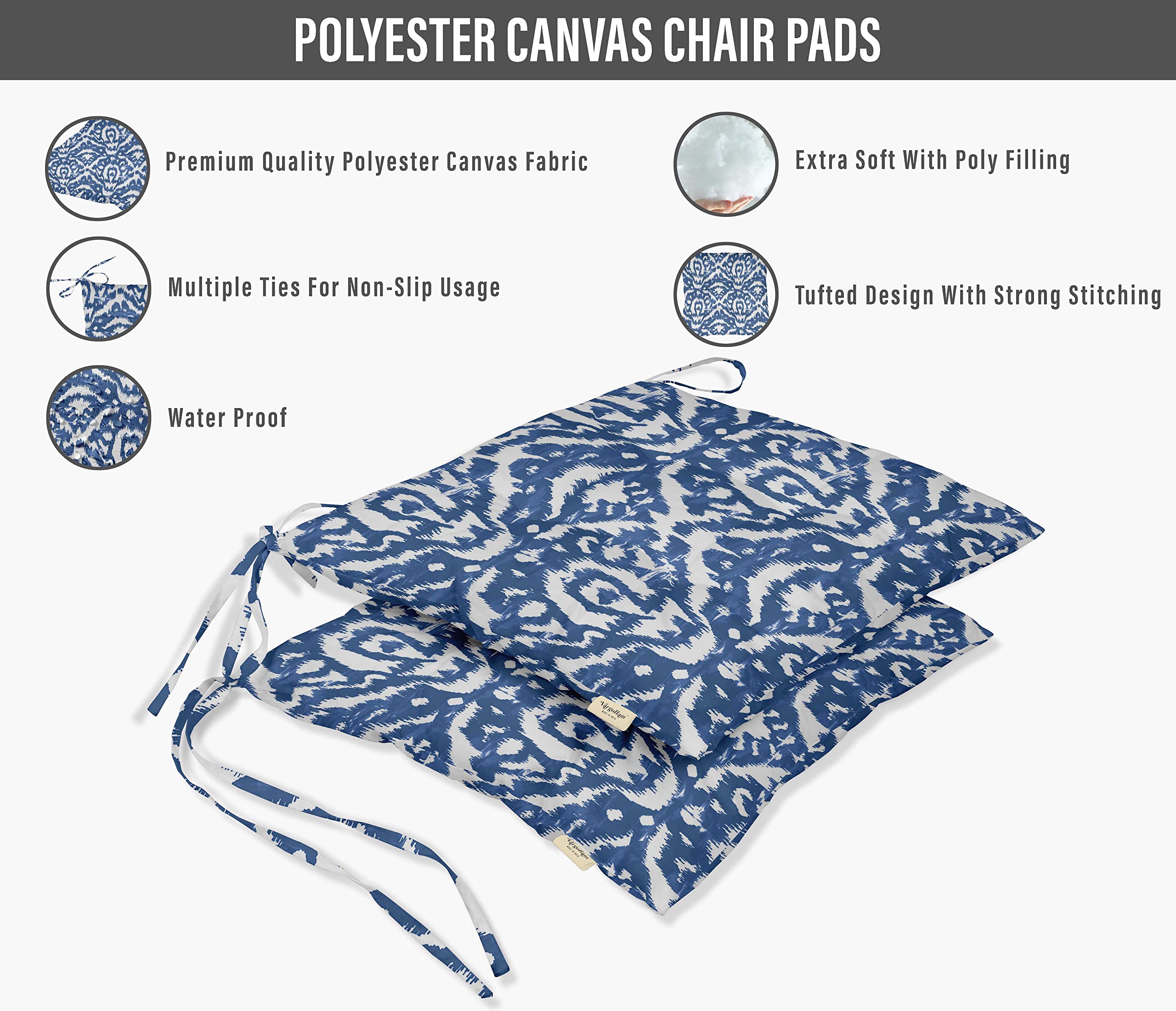 Waterproof 19-inch Blue Ikat Print Square Patio Cushion Set of 2 - Indoor/Outdoor Tufted Furniture Seat Cushions for Garden, Deck & Poolside Lounge