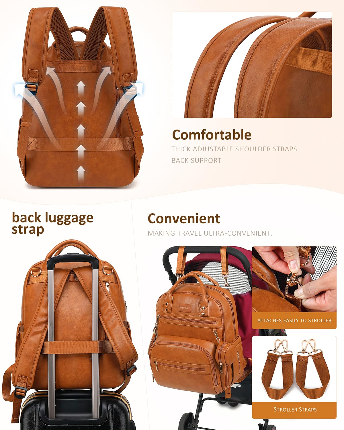 Premium Vegan Leather Diaper Bag Backpack - Waterproof Baby Changing Pad, 20 Pockets Organizer, Reinforced Zippers & Odor-Free, Fits 15.6