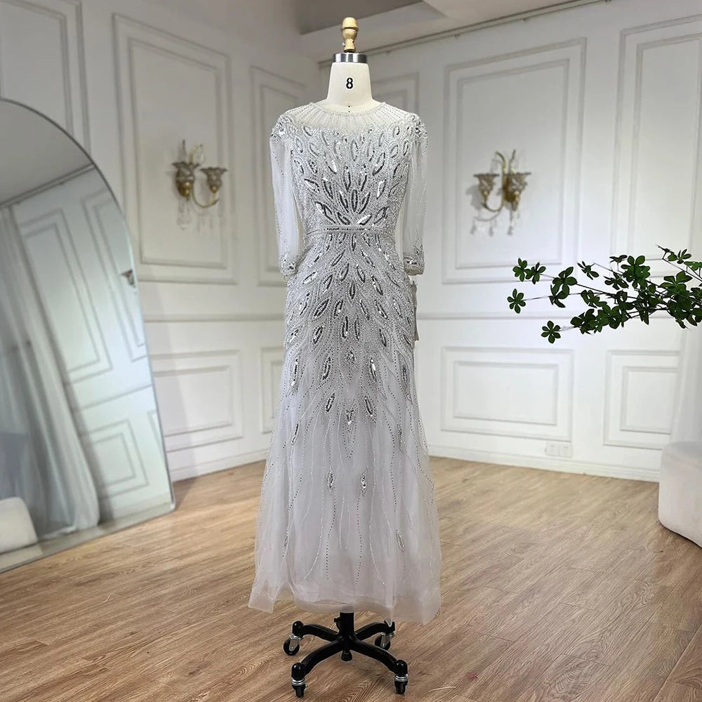 Luxury Arabic Silver White Beaded Evening Gown for Women - Elegant Ankle-Length Dubai Style Dress for Wedding, Party & Special Occasions | LA71999S | Perfect for Red Carpet Events & Formal Gatherings