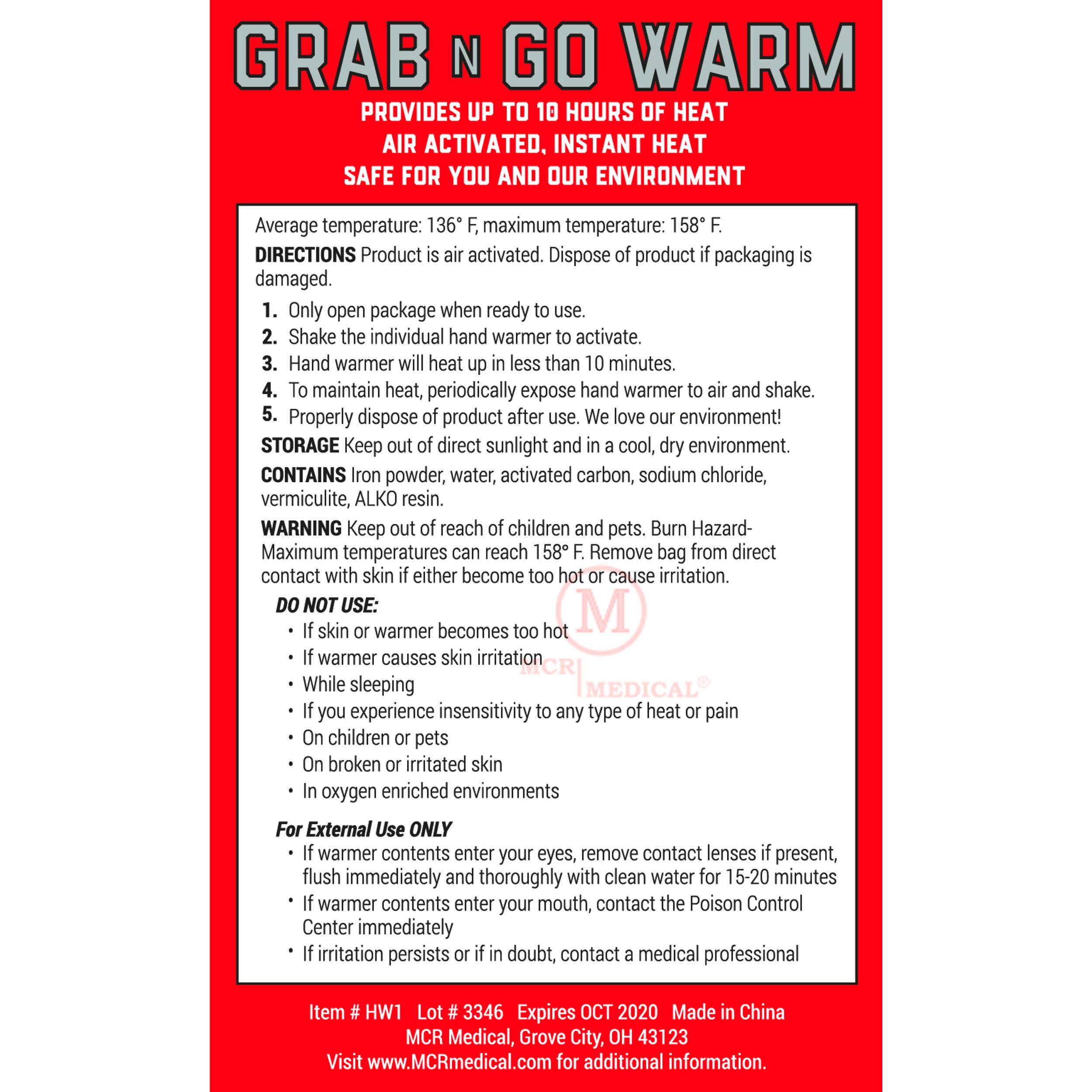 MCR Medical Grab-N-Go Warm Hand Warmer Pack of 200 | Reusable Hand Warmers for Cold Weather | Perfect for Outdoor Activities, Hunting, Camping & Winter Sports