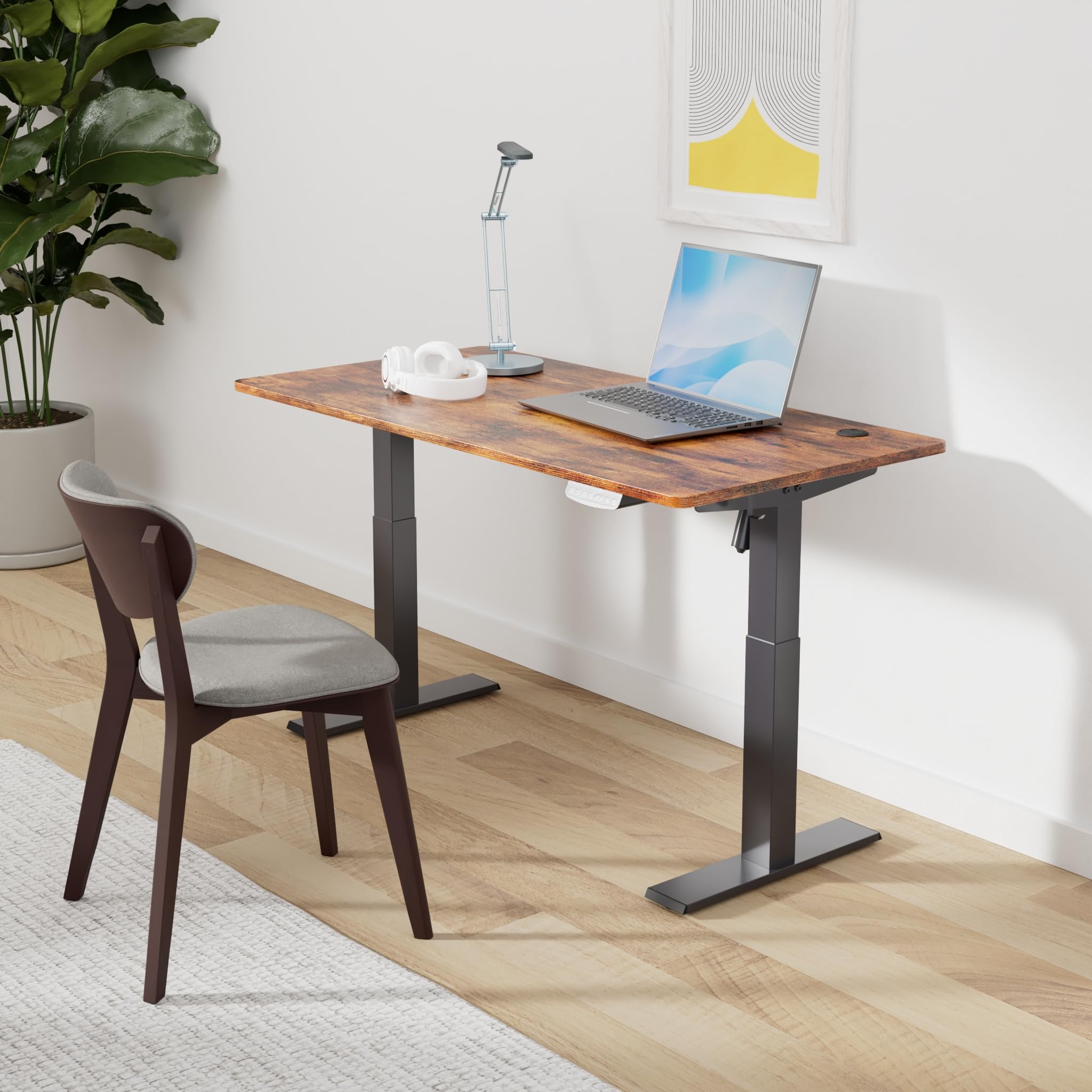 FEZIBO Electric Standing Desk 48 x 24 Inches, Height Adjustable Sit Stand Desk with Splice Board - Black Frame & Rustic Brown Top for Home Office, Gaming, and Workspace Ergonomics