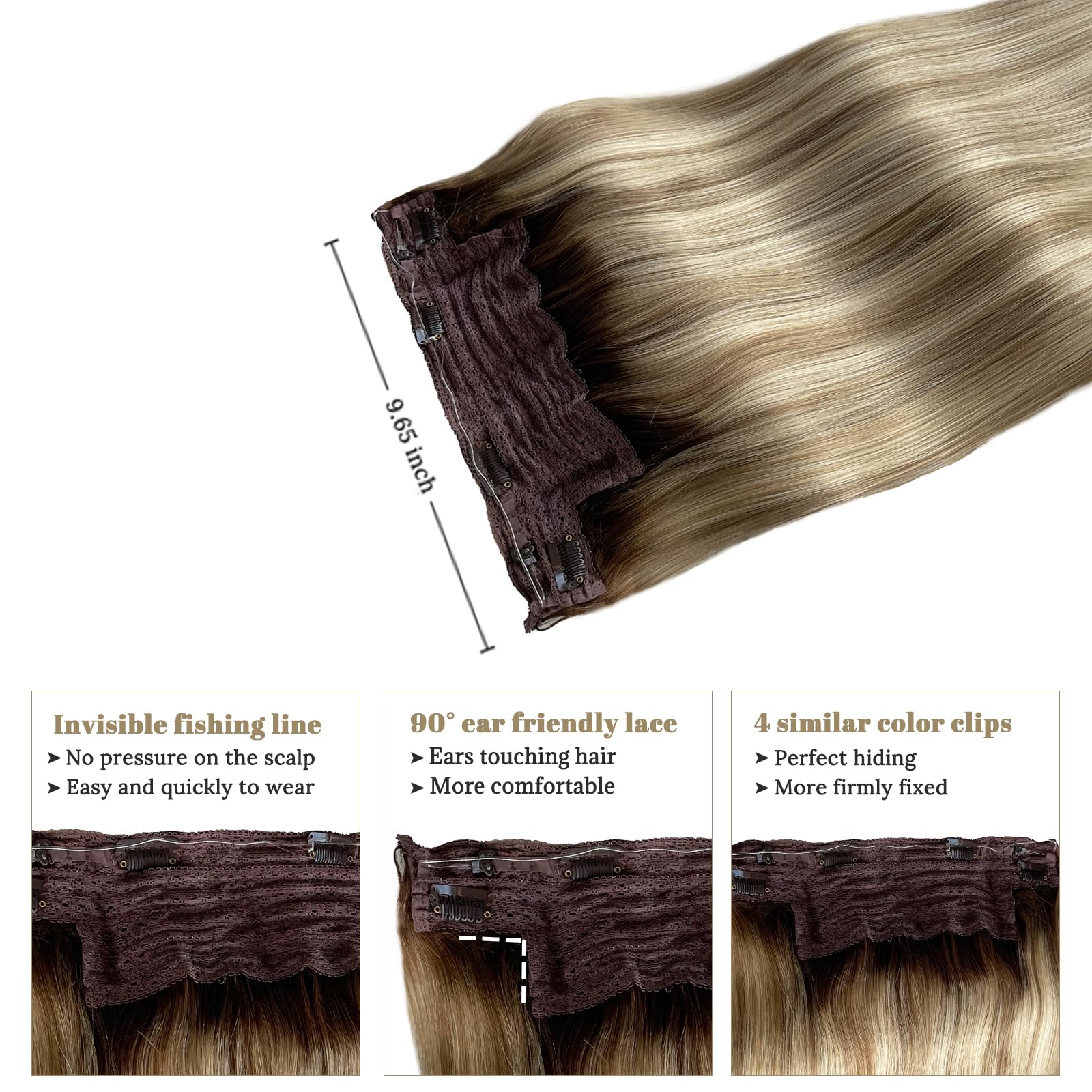 16 Inch 80g Real Human Hair Extensions - Light Brown Ombre Balayage with Blonde Highlights | Invisible Fish Line Halo Hair Extensions for Natural Volume & Style | Perfect for Daily Wear, Parties & Special Occasions