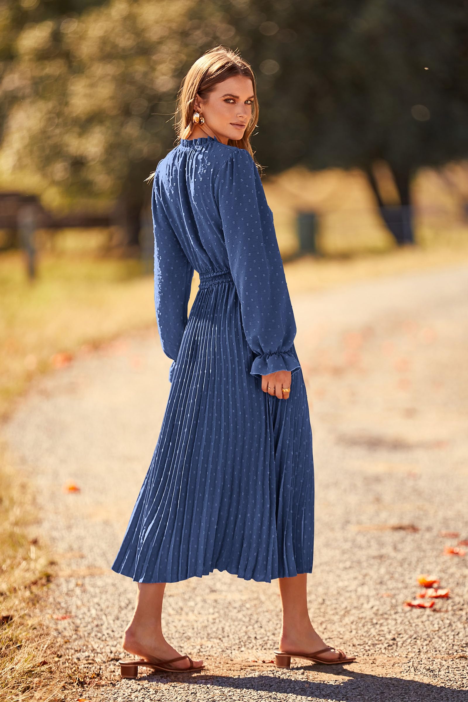 PRETTYGARDEN Women's Swiss Dot Pleated Midi Dress - Long Sleeve V-Neck A-Line Flowy Casual Dress for Spring Fall 2025 | Perfect for Office Wear, Date Nights & Special Occasions