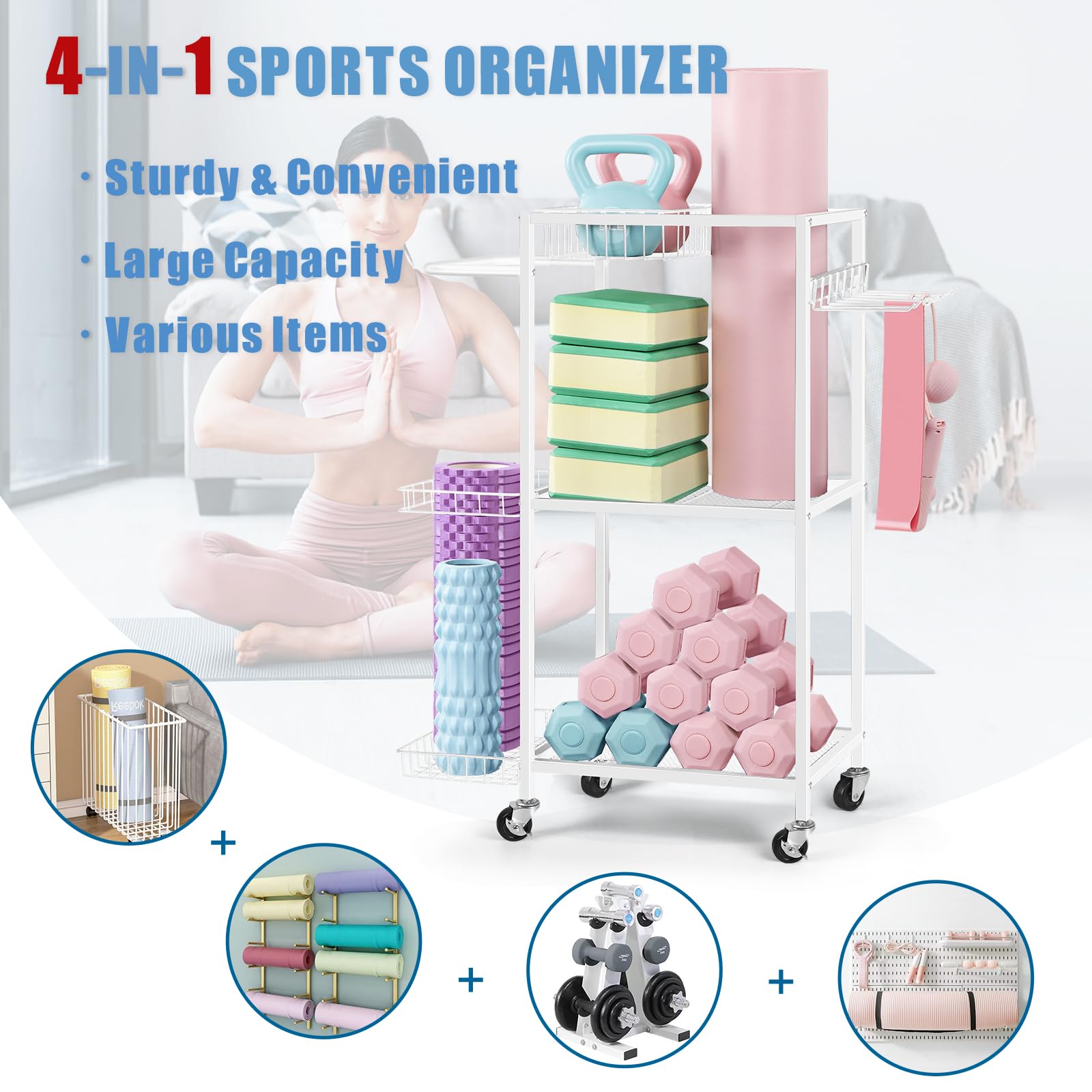 LIANTRAL Dumbbell Rack & Yoga Mat Organizer - Heavy Duty Home Gym Equipment Storage with Hooks & Wheels for Dumbbells, Yoga Mats, Exercise Balls - Perfect for Garage, Basement & Home Workout Spaces