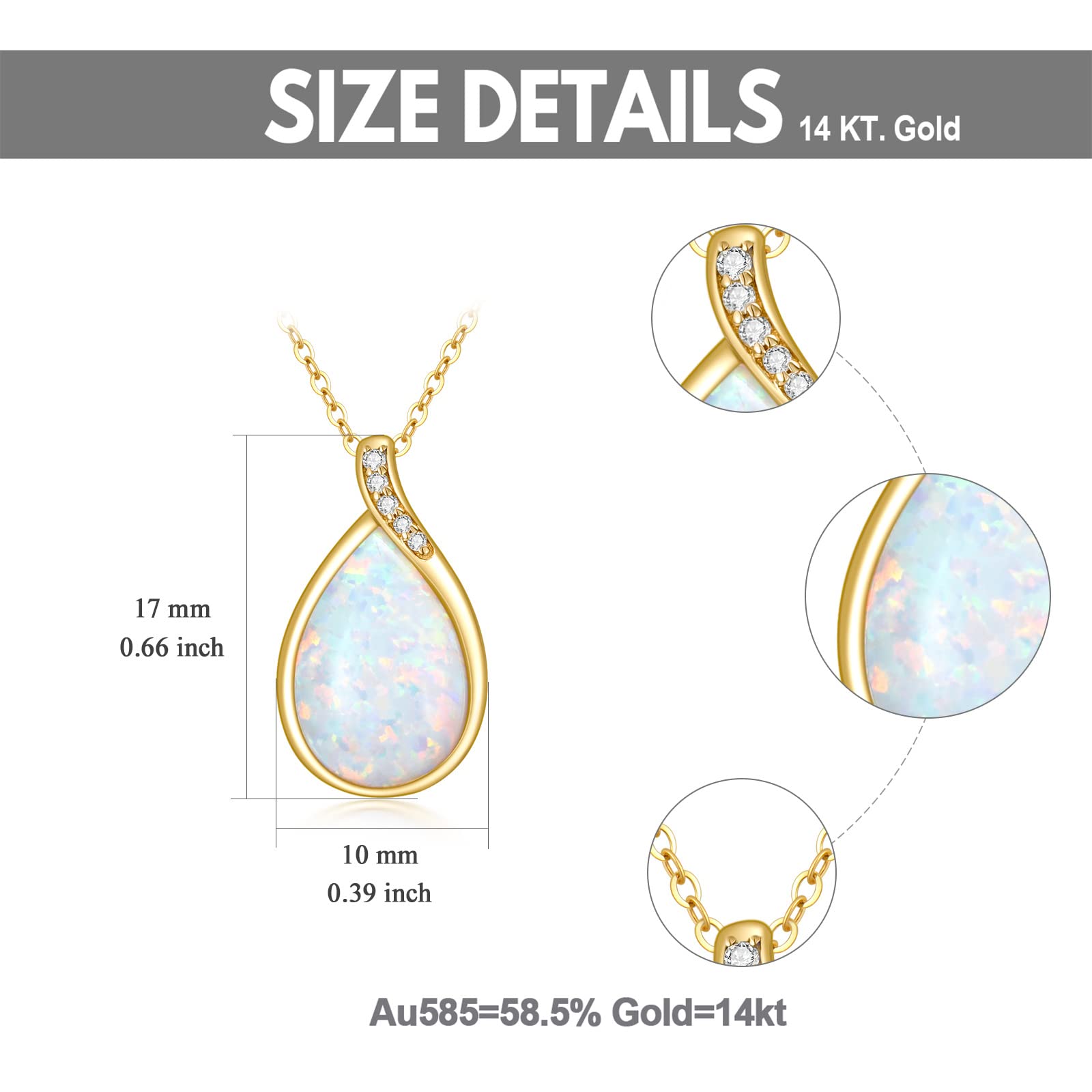14k Solid Gold White Opal Necklace for Women - Dainty Teardrop Pendant with Genuine Diamond - October Birthstone Pear-Shaped Gemstone Jewelry Gift for Her (16